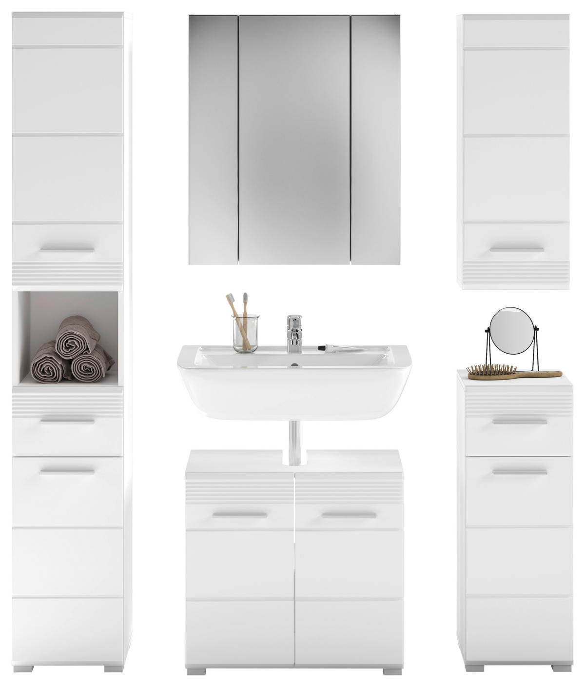 BADEZIMMER 5-teilig  in 120 cm  - Weiß Hochglanz/Silberfarben, MODERN, Glas/Holzwerkstoff (120cm) - MID.YOU