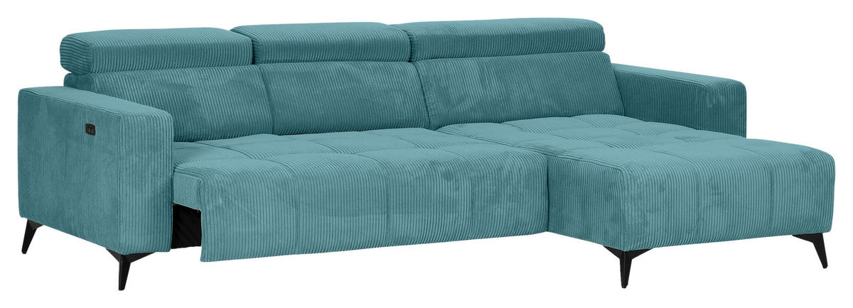 ECKSOFA Petrol Cord Rücken echt, Kopfteilverstellung, Sitzvorzug  - Petrol/Schwarz, KONVENTIONELL, Textil/Metall (257/170cm) - Carryhome
