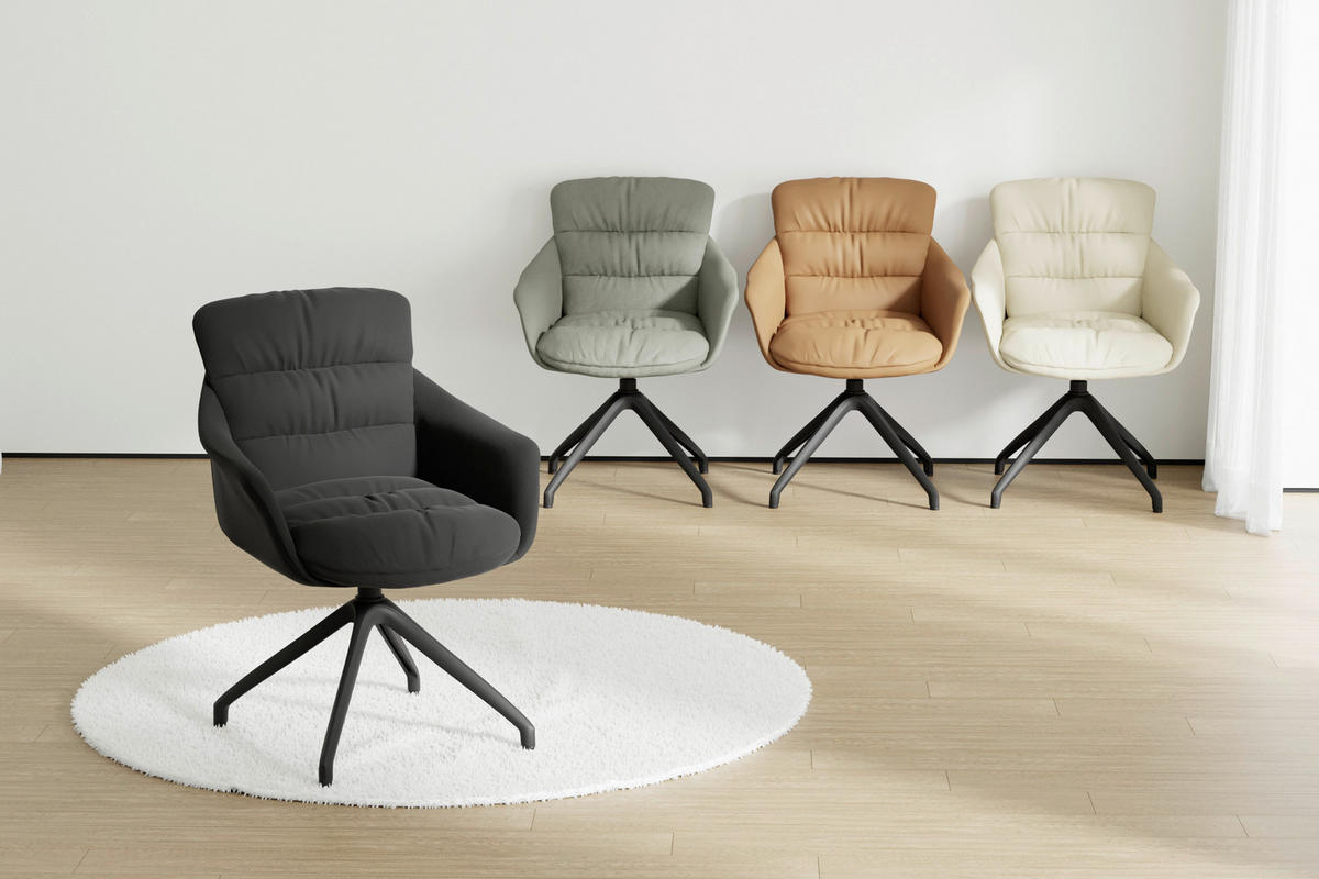 ARMLEHNSTUHL  Sitzfläche 360° drehbar, inklusive Armlehnen, automatische Rückholfunktion  Echtleder  - Schwarz, Design, Leder/Metall (62/85,5/65cm) - Dieter Knoll