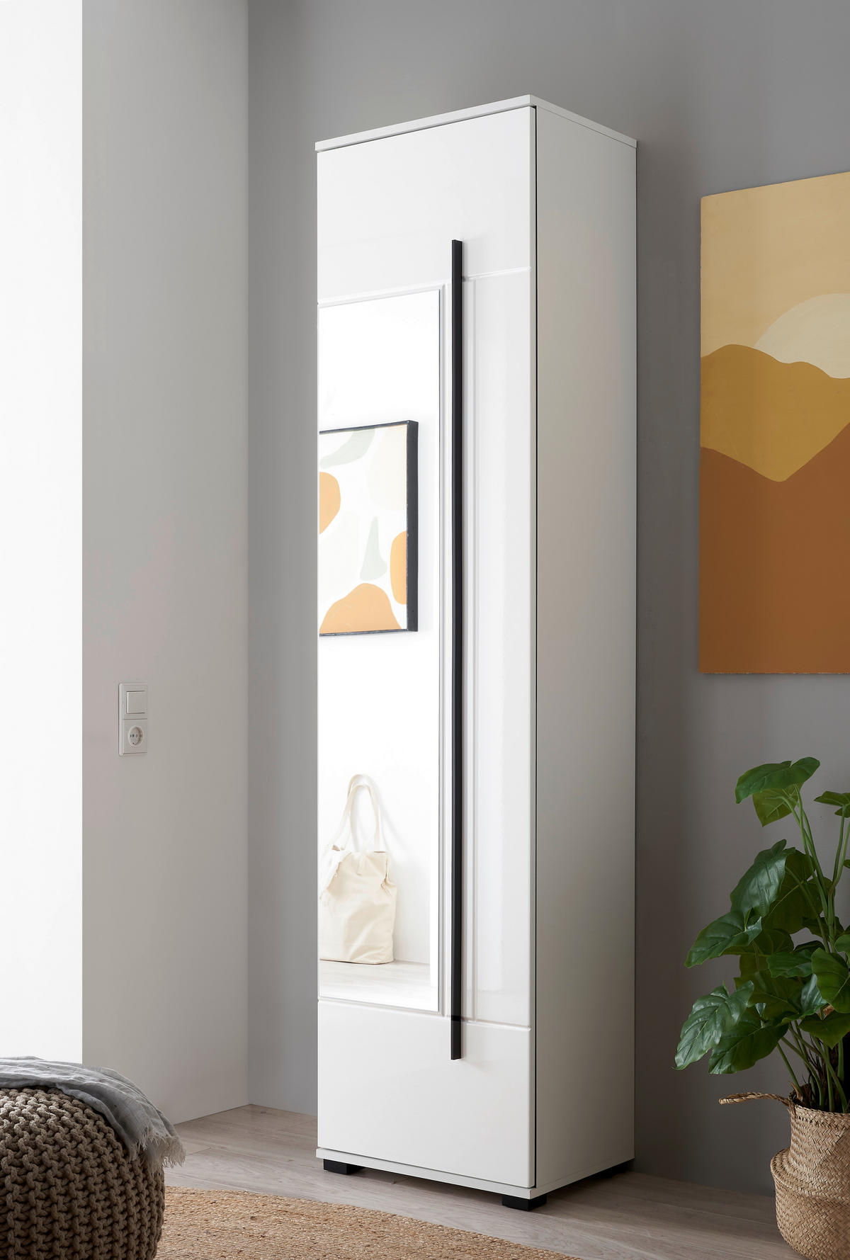 MEHRZWECKSCHRANK 50/201/39 cm  in Weiß, Weiß Hochglanz  - Weiß Hochglanz/Schwarz, MODERN, Glas/Holzwerkstoff (50/201/39cm) - MID.YOU