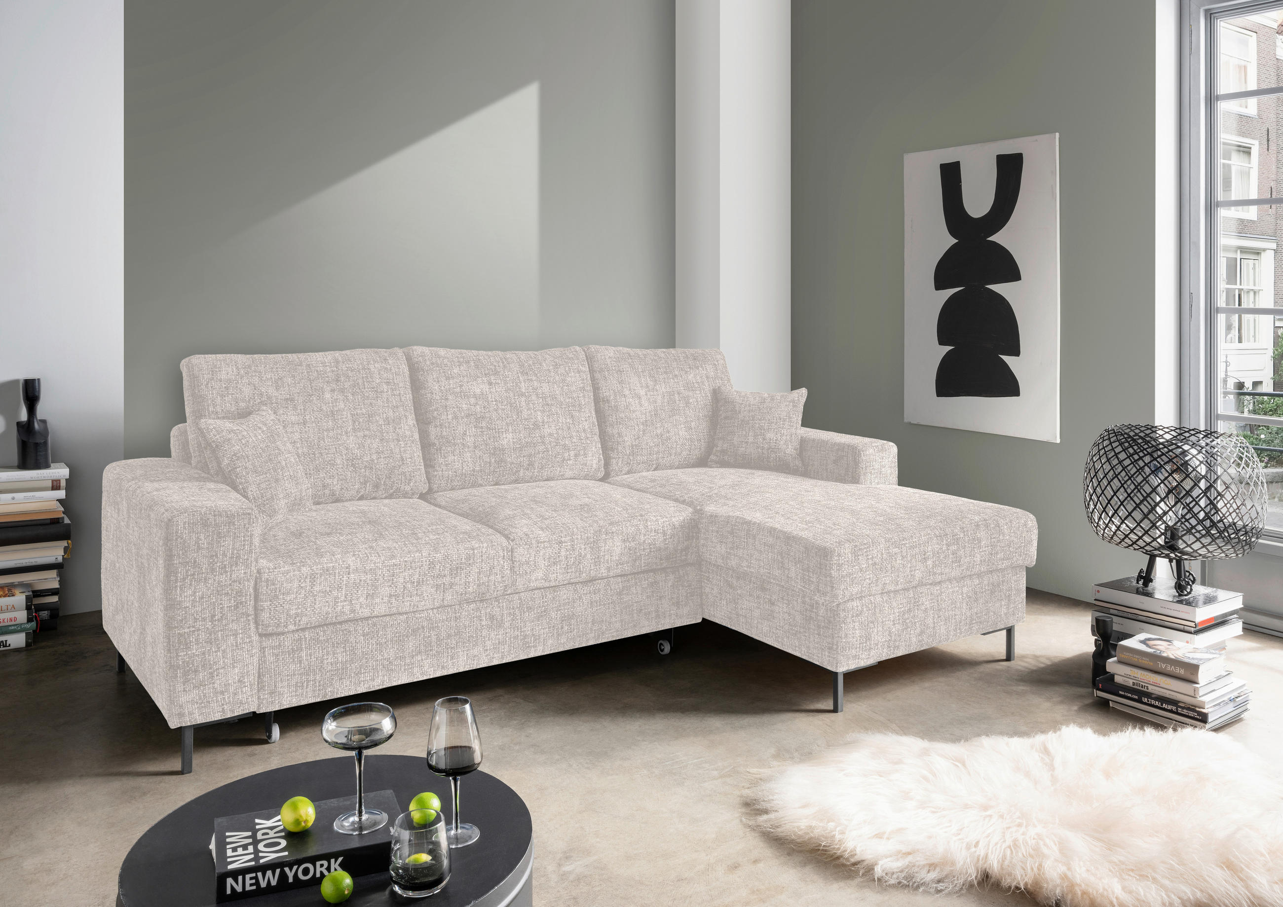 ECKSCHLAFSOFA  mit Rücken echt Struktur Creme  - Creme/Schwarz, KONVENTIONELL, Textil/Metall (237/143cm) - Livetastic