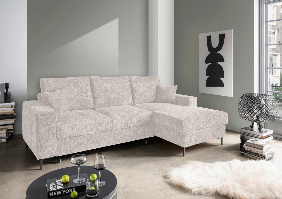 ECKSCHLAFSOFA  mit Rücken echt Struktur Creme  - Creme/Schwarz, KONVENTIONELL, Textil/Metall (237/143cm) - Livetastic