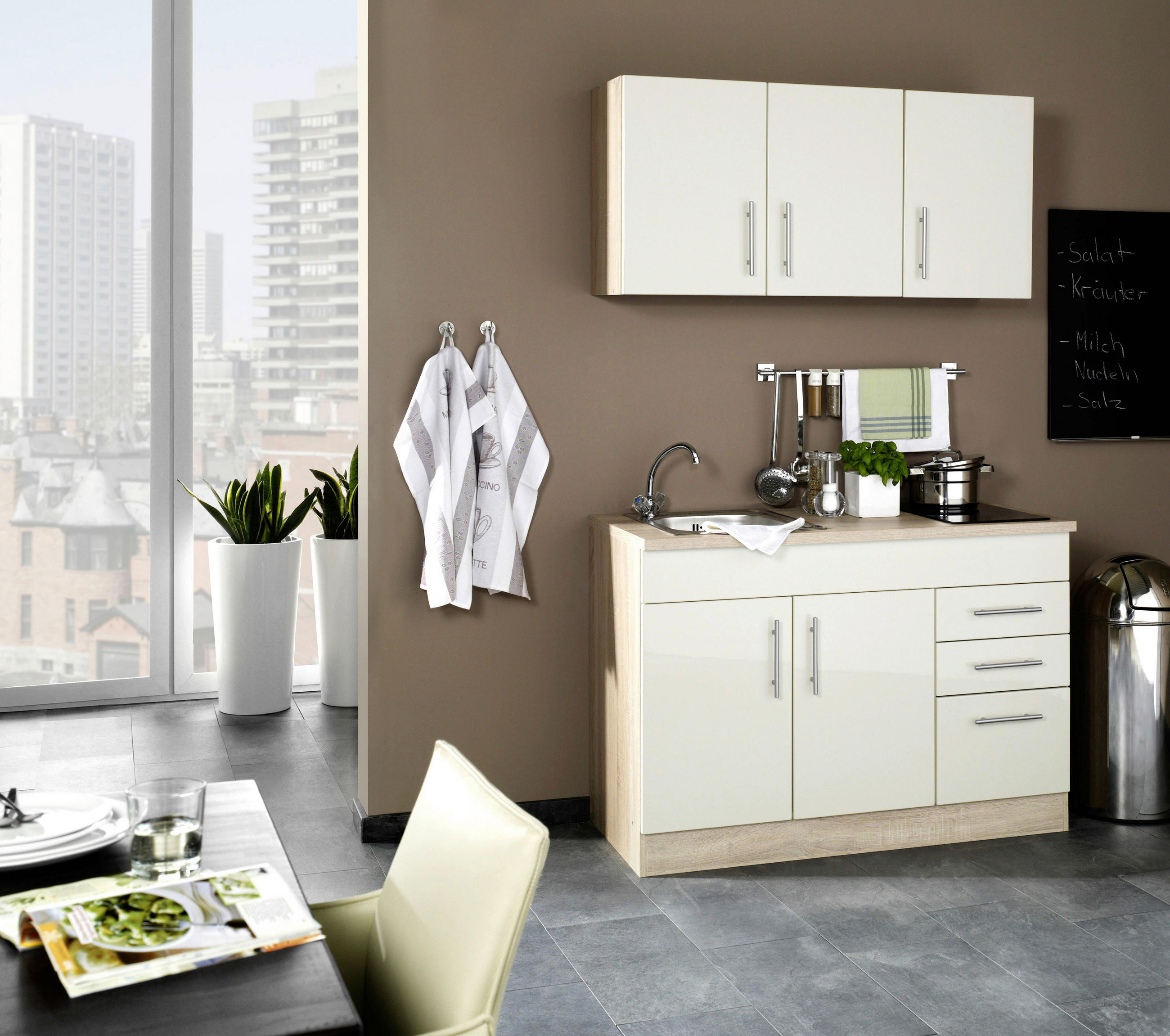 MINIKÜCHE 120 cm   in Creme  - Chromfarben/Eichefarben, MODERN, Holzwerkstoff/Metall (120cm) - Held