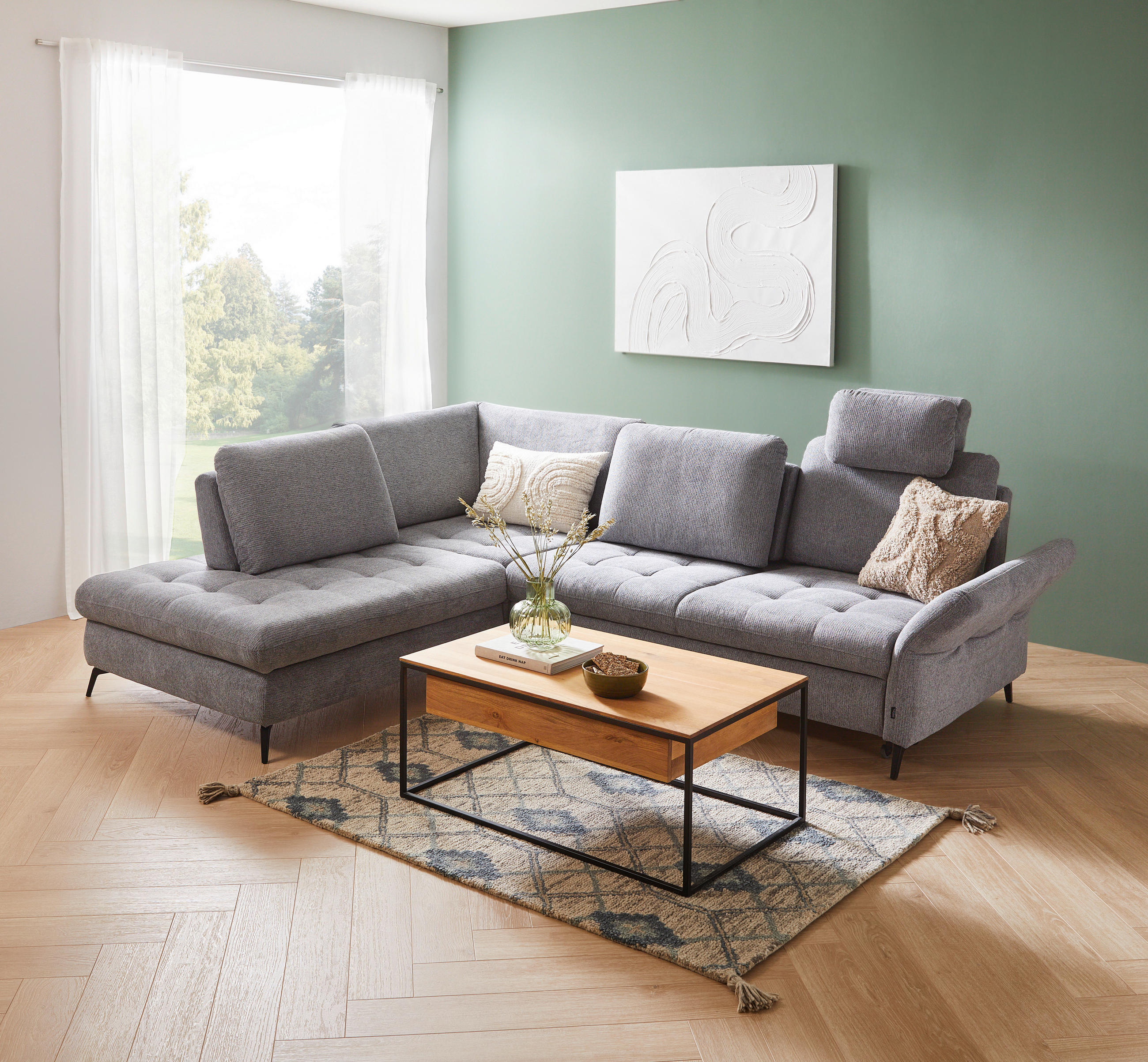 ECKSOFA in Chenille Grau 233/288 cm - Schwarz/Grau, Natur, Textil/Metall (233/288cm) - Valnatura