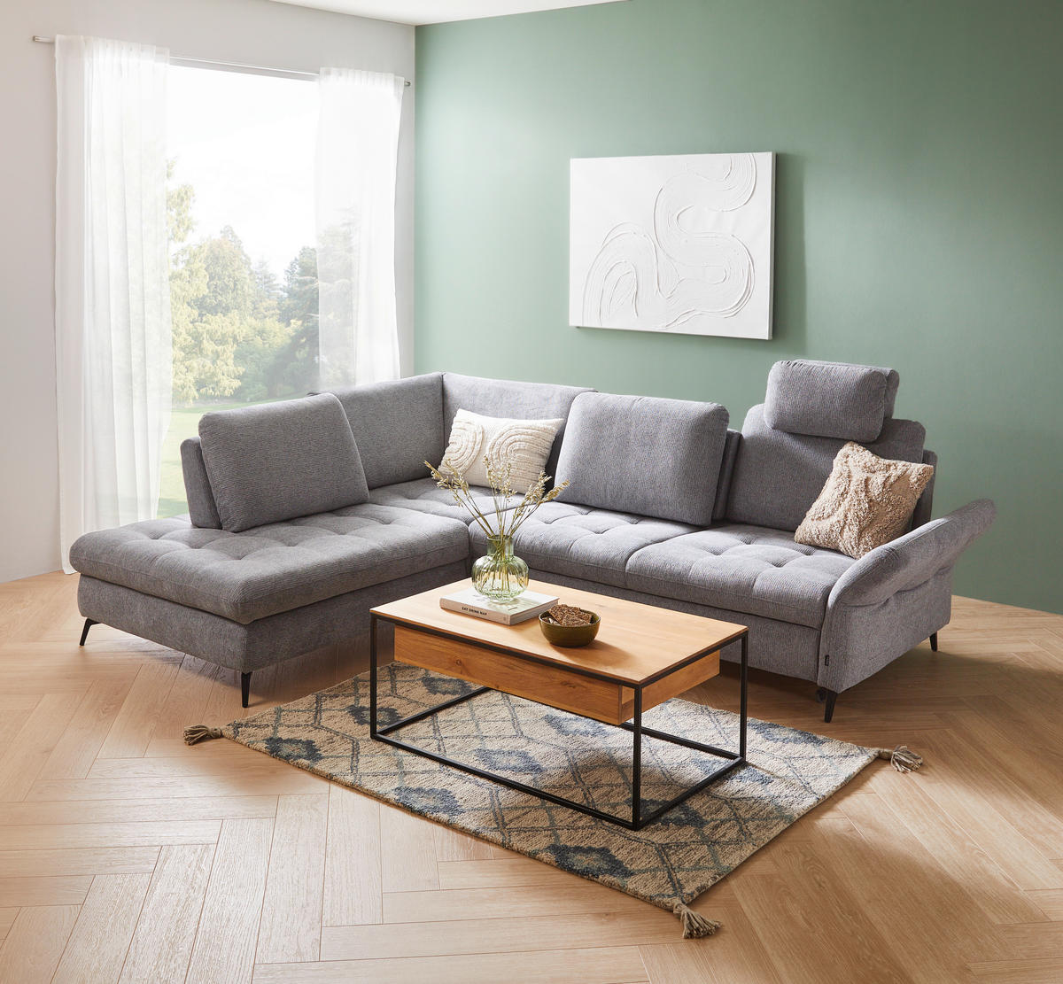 ECKSOFA Grau Chenille  - Schwarz/Grau, Natur, Textil/Metall (233/288cm) - Valnatura