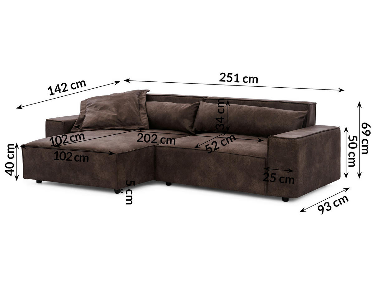ECKSOFA Curduroy in Lederlook Dunkelbraun Rückenkissen  251/142 cm  - Dunkelbraun/Schwarz, Design, Kunststoff/Textil (251/142cm) - P & B