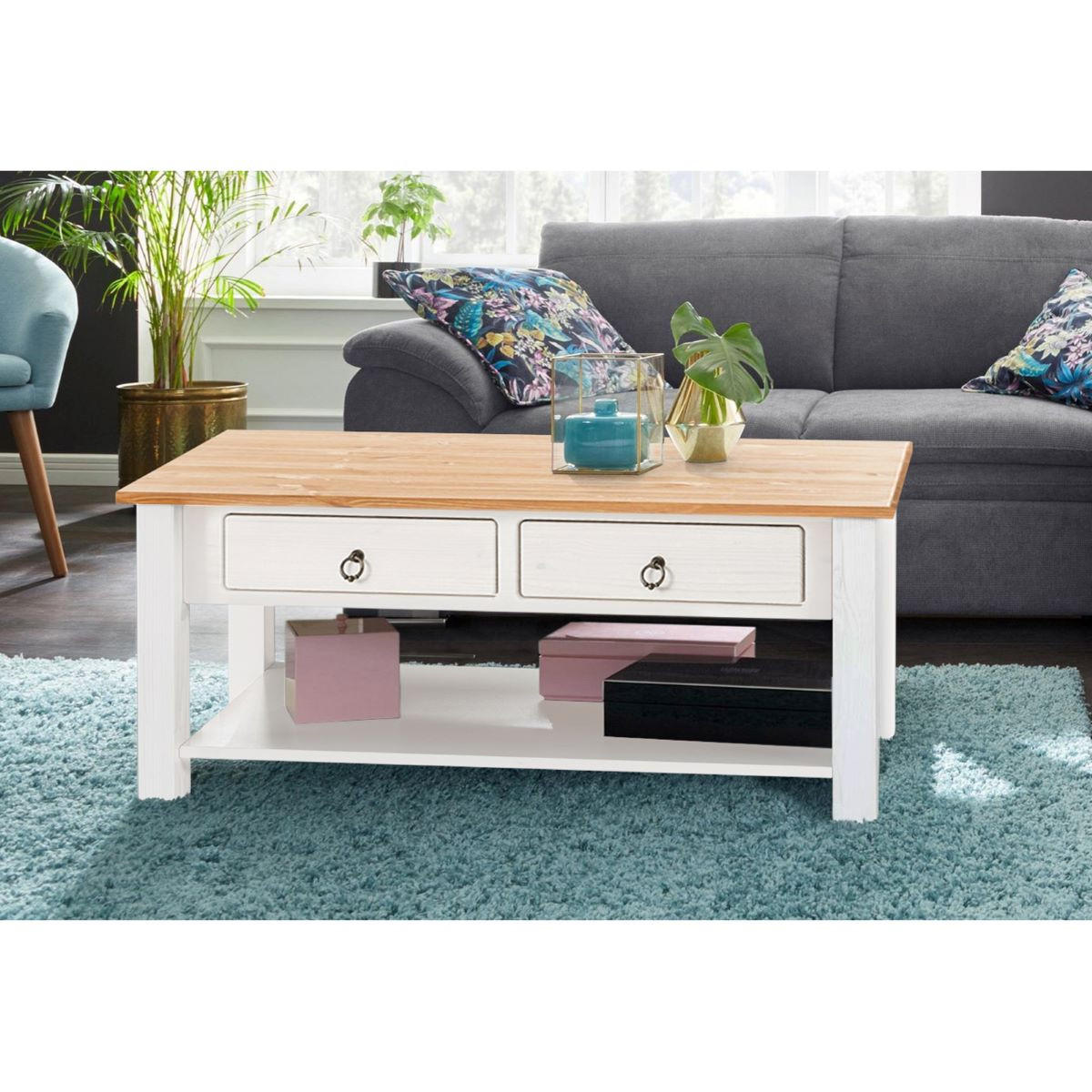 COUCHTISCH Ines Kiefer 110/45/60 cm rechteckig Weiß  - Bronzefarben/Weiß, Design, Holz/Metall (110/45/60cm) - MID.YOU