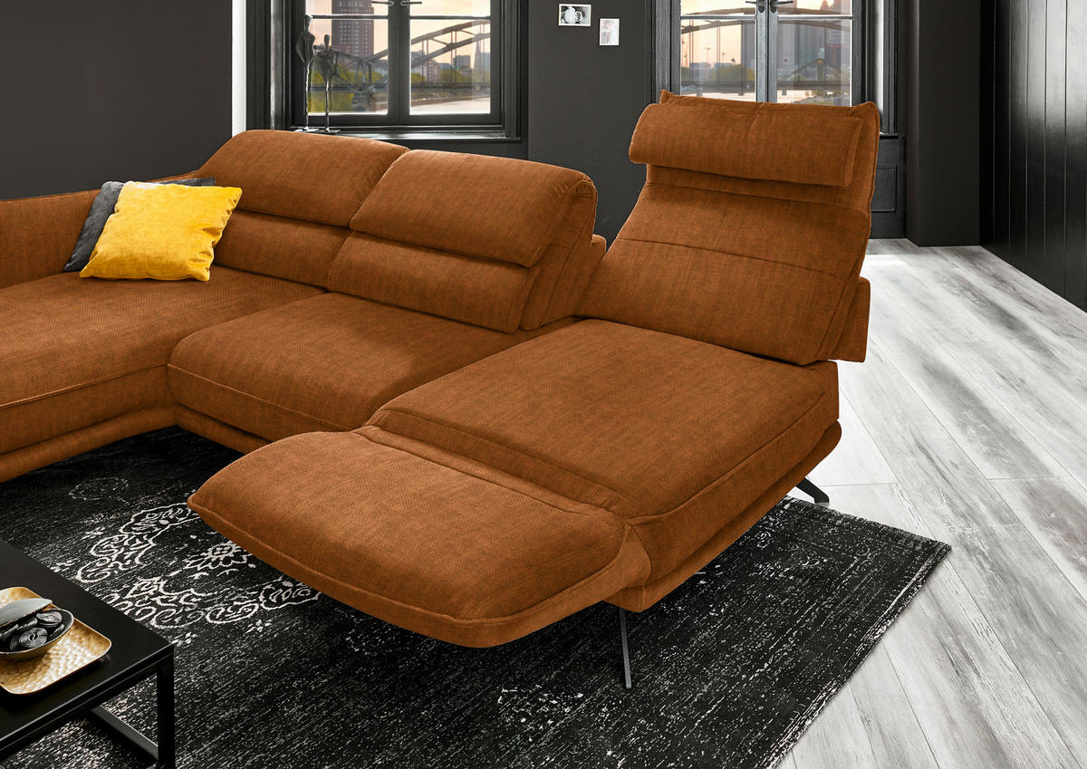 ECKSOFA in Velours Cognac  - Cognac/Schwarz, Design, Textil/Metall (153/283cm) - Valdera