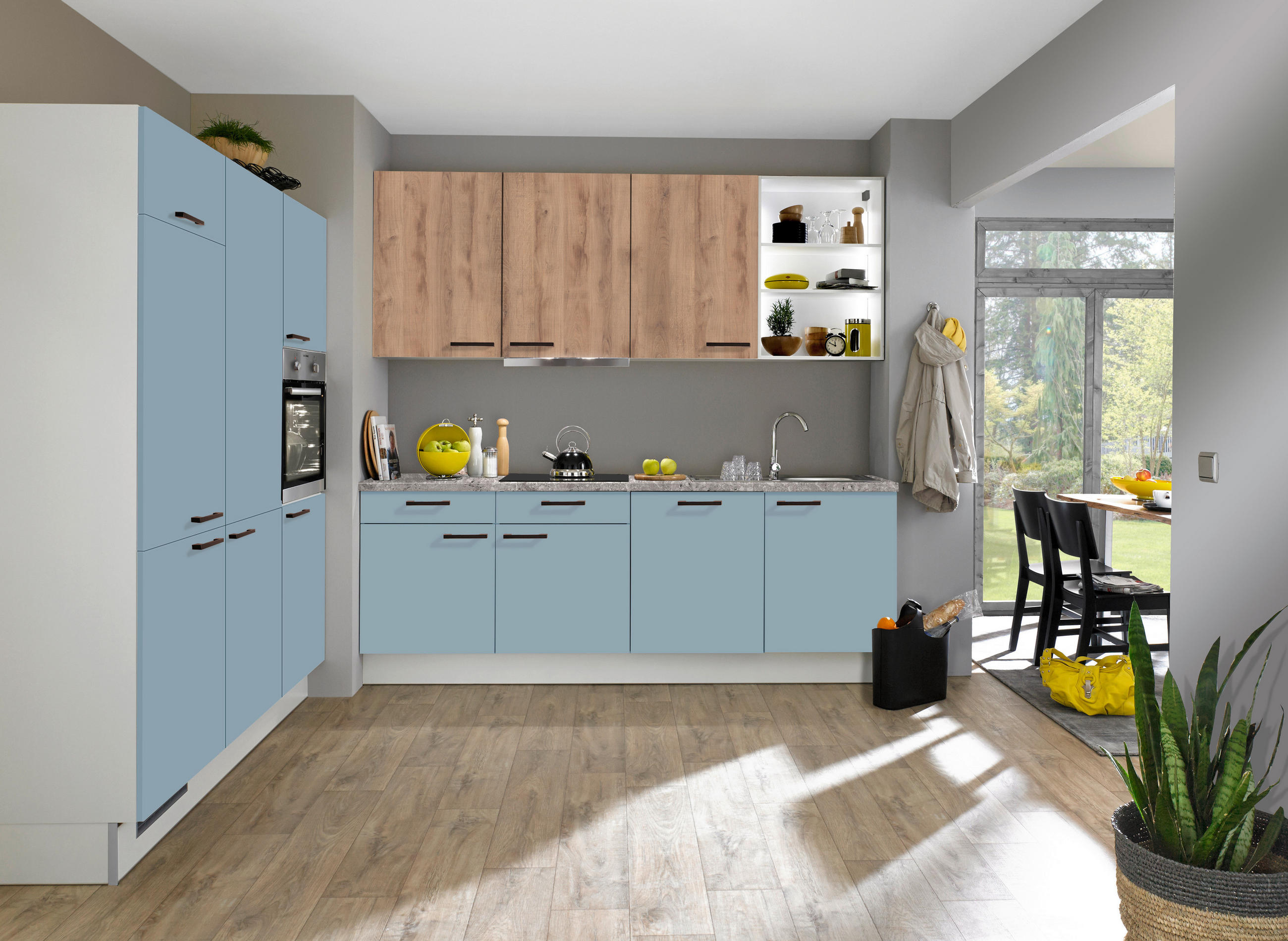 ECKKÜCHE 180/240 cm  in Eichefarben, Hellgrau, Pastellblau  - Pastellblau/Eichefarben, Design, Holzwerkstoff/Metall (180/240cm) - Xora