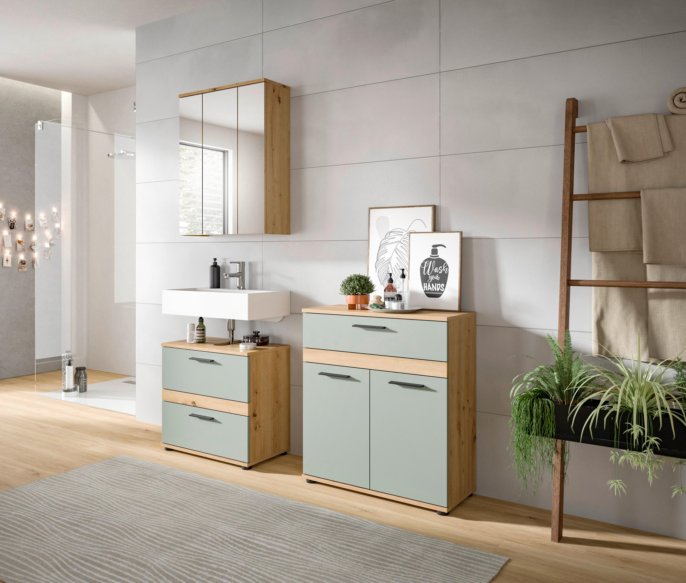 Mid.you Badezimmer Blake Salbeigrün, Eiche Artisan 145 cm