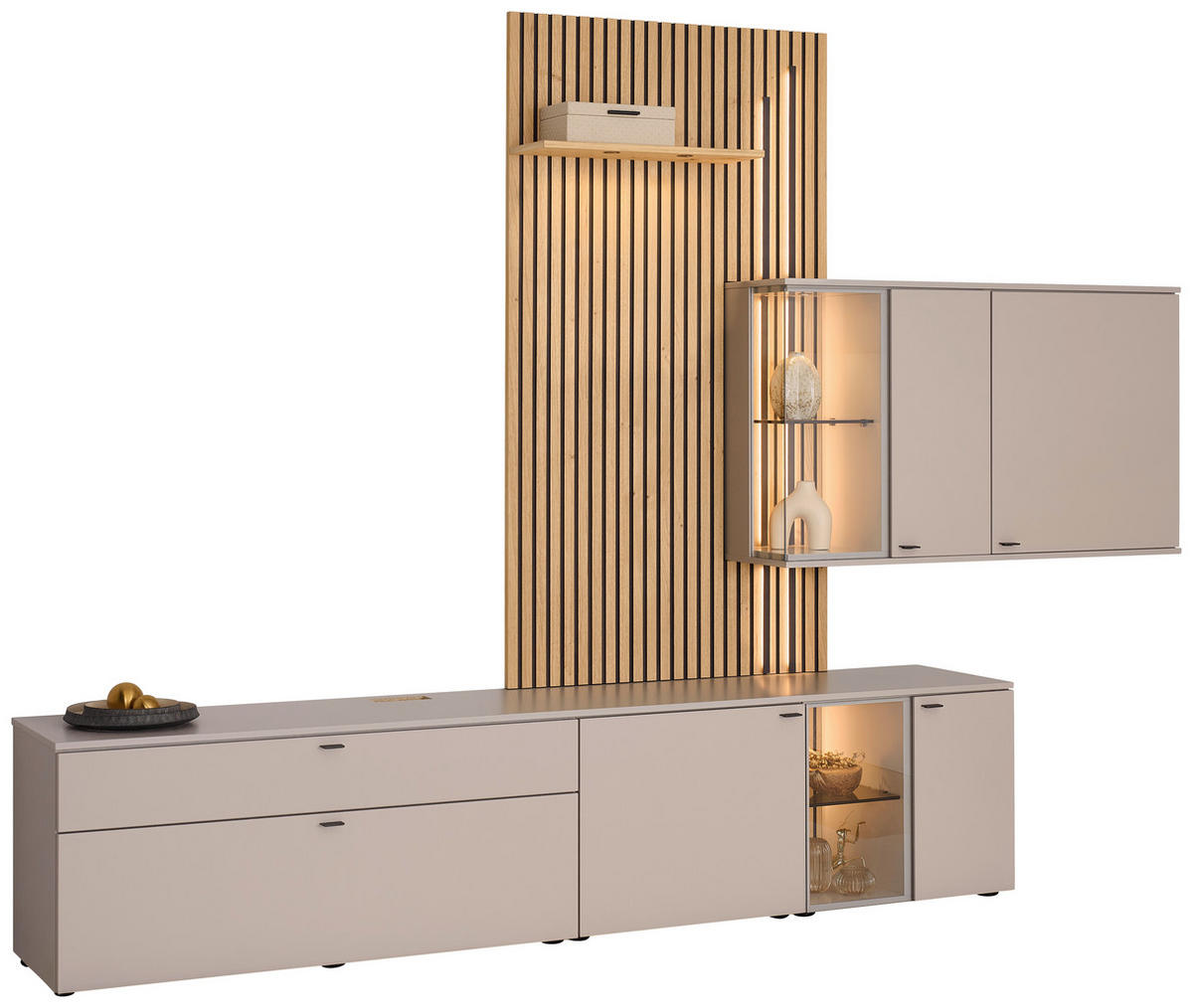 WOHNWAND  Eichefarben, Seidengrau 300/224/43 cm  - Eichefarben/Seidengrau, Design, Glas/Holz (300/224/43cm) - Venjakob