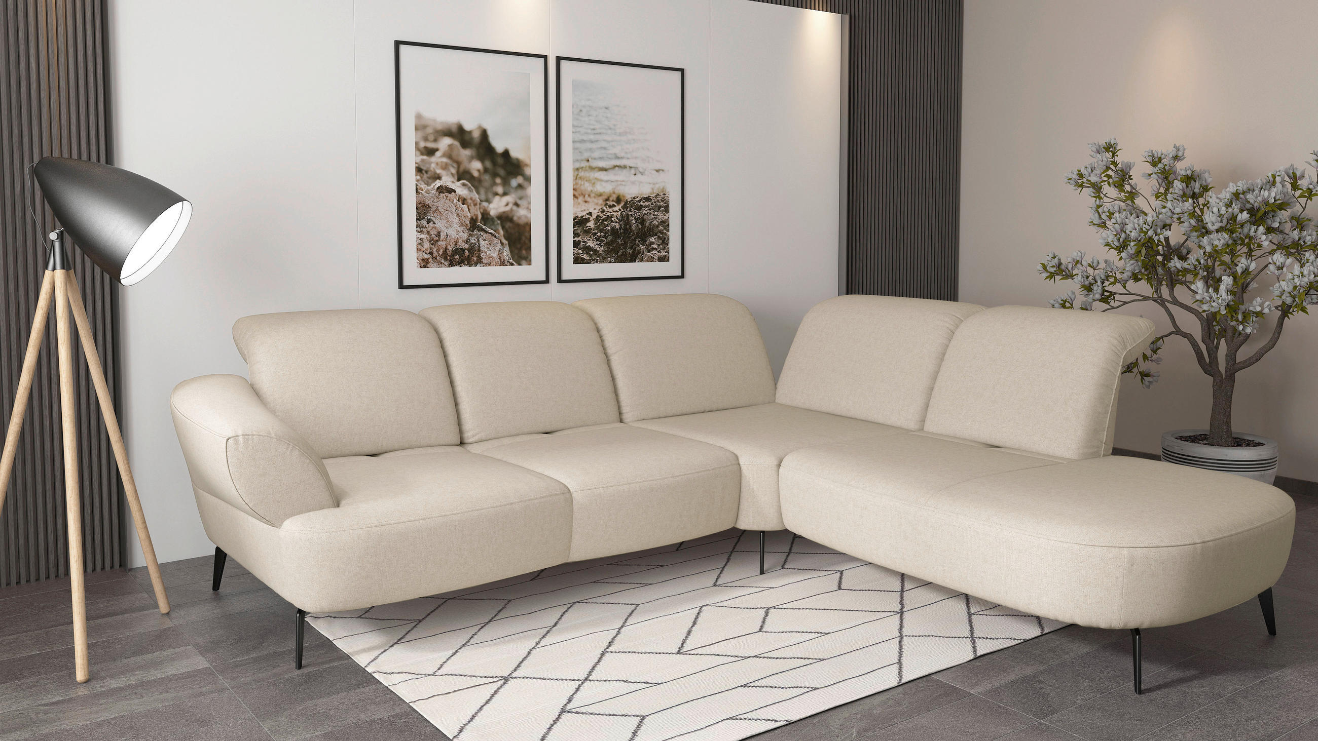 ECKSOFA in Flachgewebe Creme  - Creme/Schwarz, Modern, Textil/Metall (302/270cm) - Sit & More