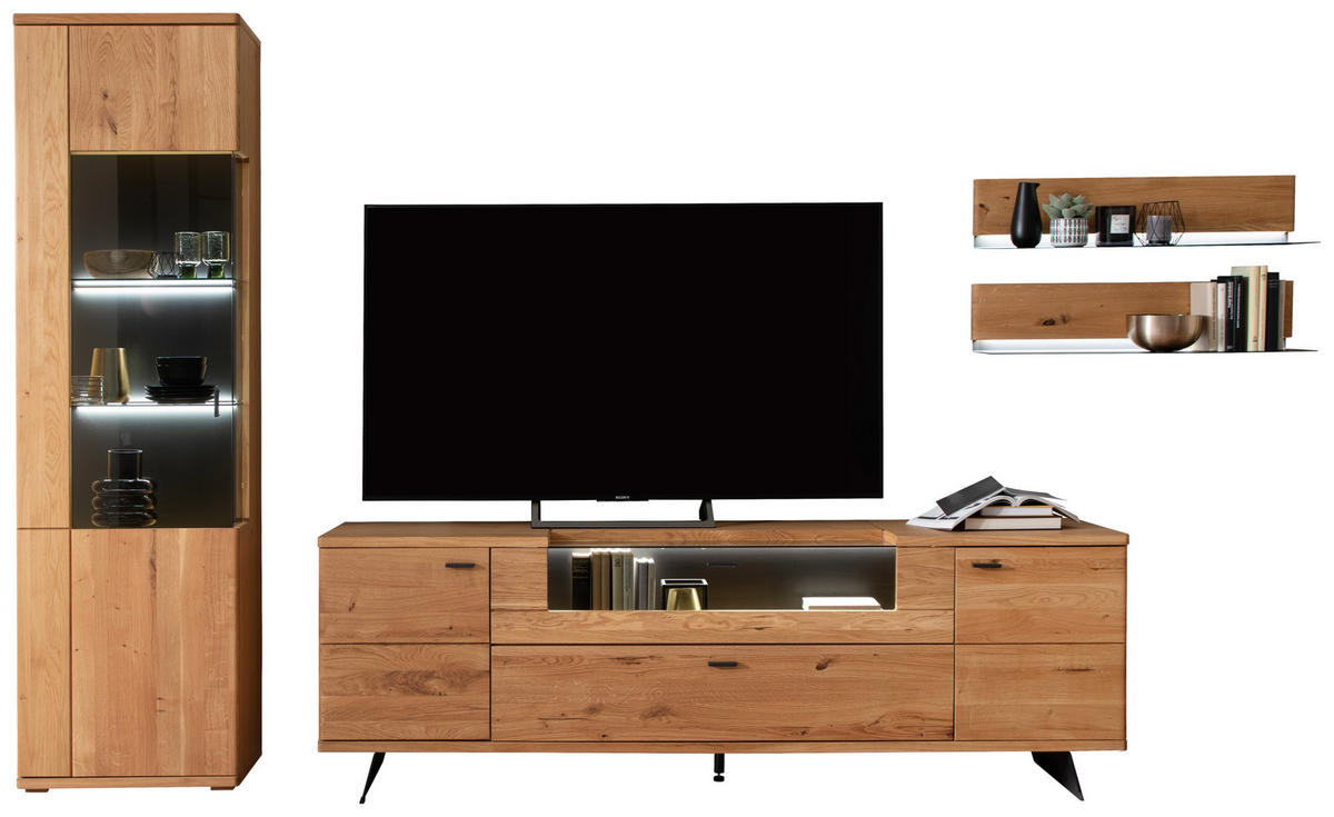 WOHNWAND 3-teilig  in Wildeiche 340/209/50 cm  - Wildeiche/Anthrazit, Natur, Glas/Holz (340/209/50cm) - Linea Natura