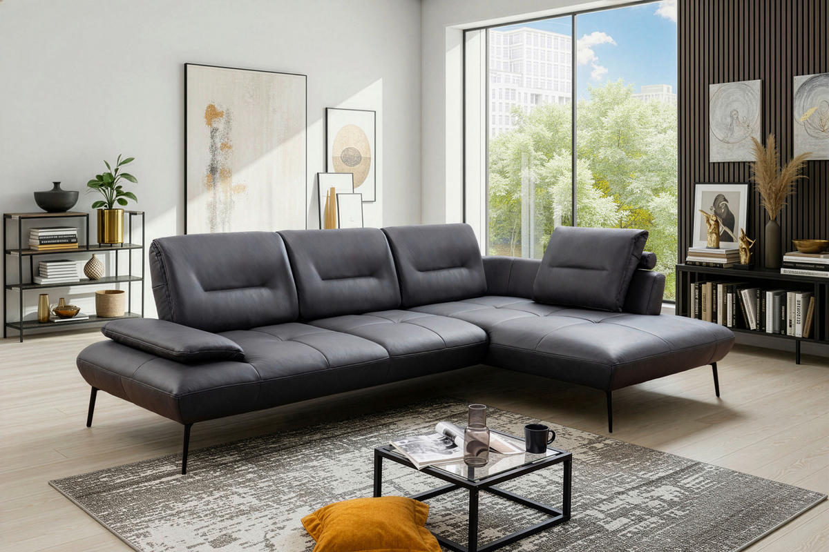 ECKSOFA Anthrazit Echtleder Rücken echt, Sitztiefenverstellung  - Anthrazit/Schwarz, Design, Leder/Metall (320/190cm) - Moderano