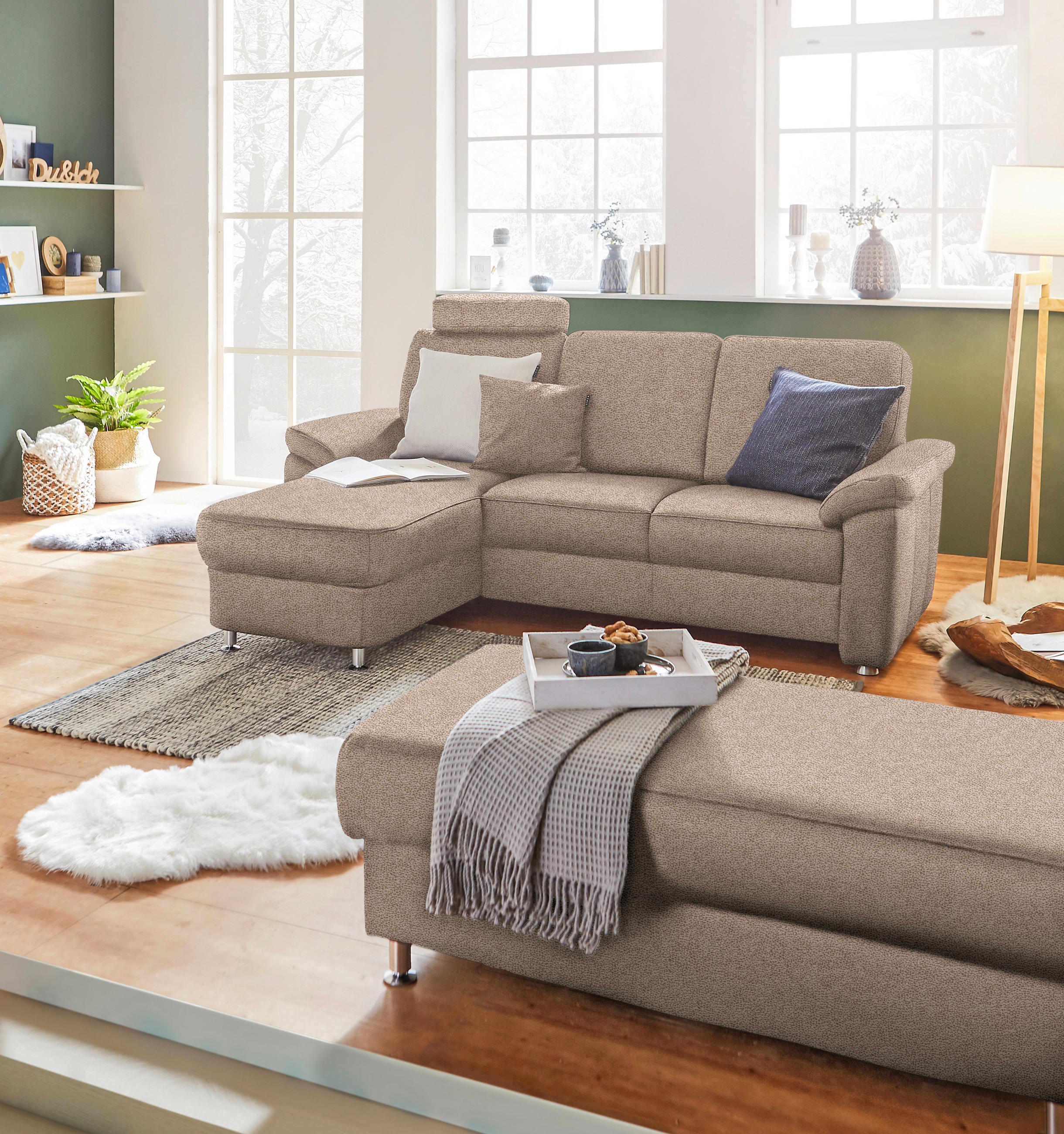 ECKSOFA in Flachgewebe Sandfarben  - Sandfarben/Chromfarben, Konventionell, Textil/Metall (163/220cm) - Beldomo System