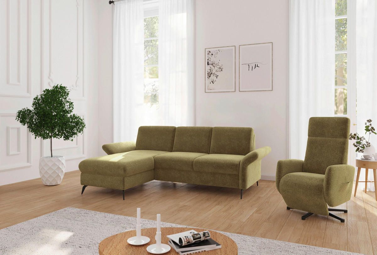 ECKSOFA ROCHELLE E Olivgrün Flachgewebe  - Schwarz/Olivgrün, KONVENTIONELL, Textil/Metall (164/251cm) - Sit & More