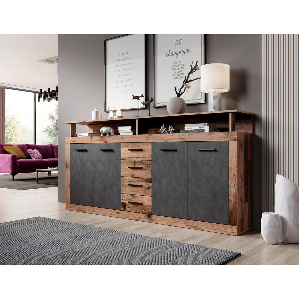 Thumbnail - Mid.you Sideboard, Anthrazit, Alteiche, Kunststoff, 2 Fächer, 4 Schubladen, 190x95x32 cm, stehend, in verschiedenen Holz...