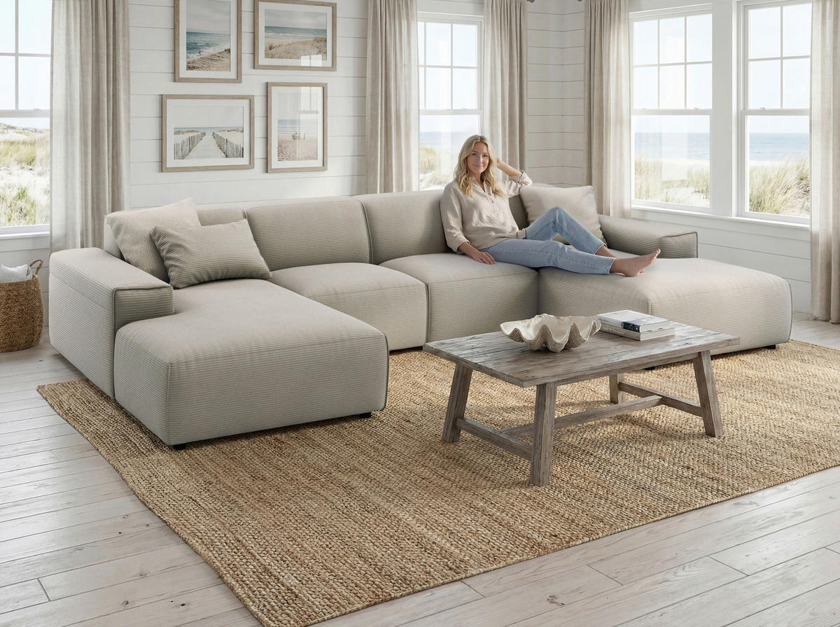 WOHNLANDSCHAFT Hellgrau Cord  - Hellgrau/Schwarz, MODERN, Kunststoff/Textil (189/340/189cm) - Pure Home Lifestyle