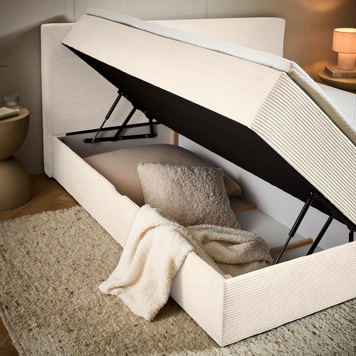 BOXBETT 180/200 cm,  in Beige, Kissen, Bettkasten, Topper, H3 + H3 = fest  - Beige/Schwarz, Design, Kunststoff/Textil (180/200cm) - Chameo