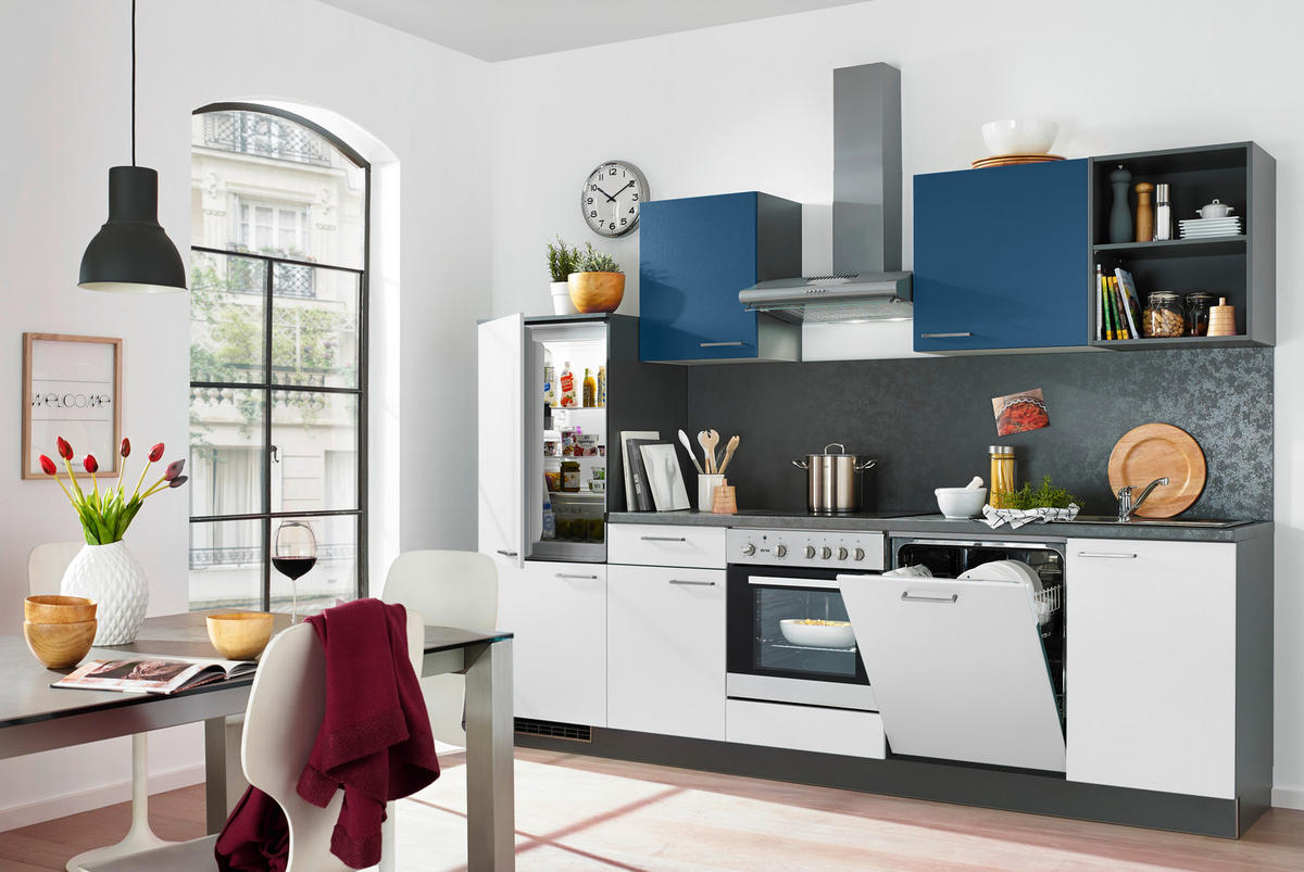 EINBAUKÜCHE   - Weiß/Dunkelblau, KONVENTIONELL, Holzwerkstoff - Welnova