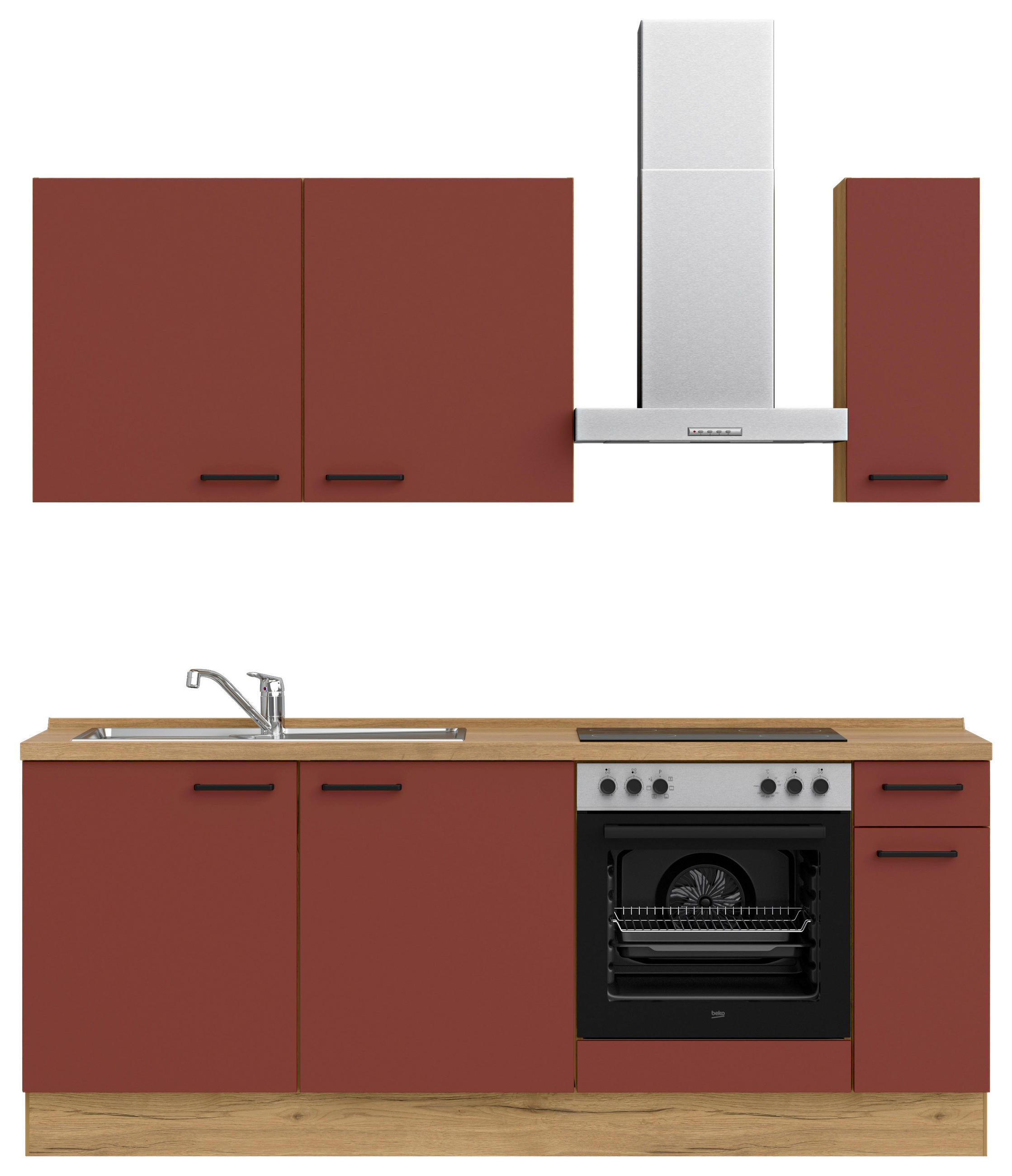 KÜCHENBLOCK 210 cm   in Eichefarben, Dunkelrot  - Eichefarben/Schwarz, MODERN, Holzwerkstoff/Metall (210cm) - Nobilia