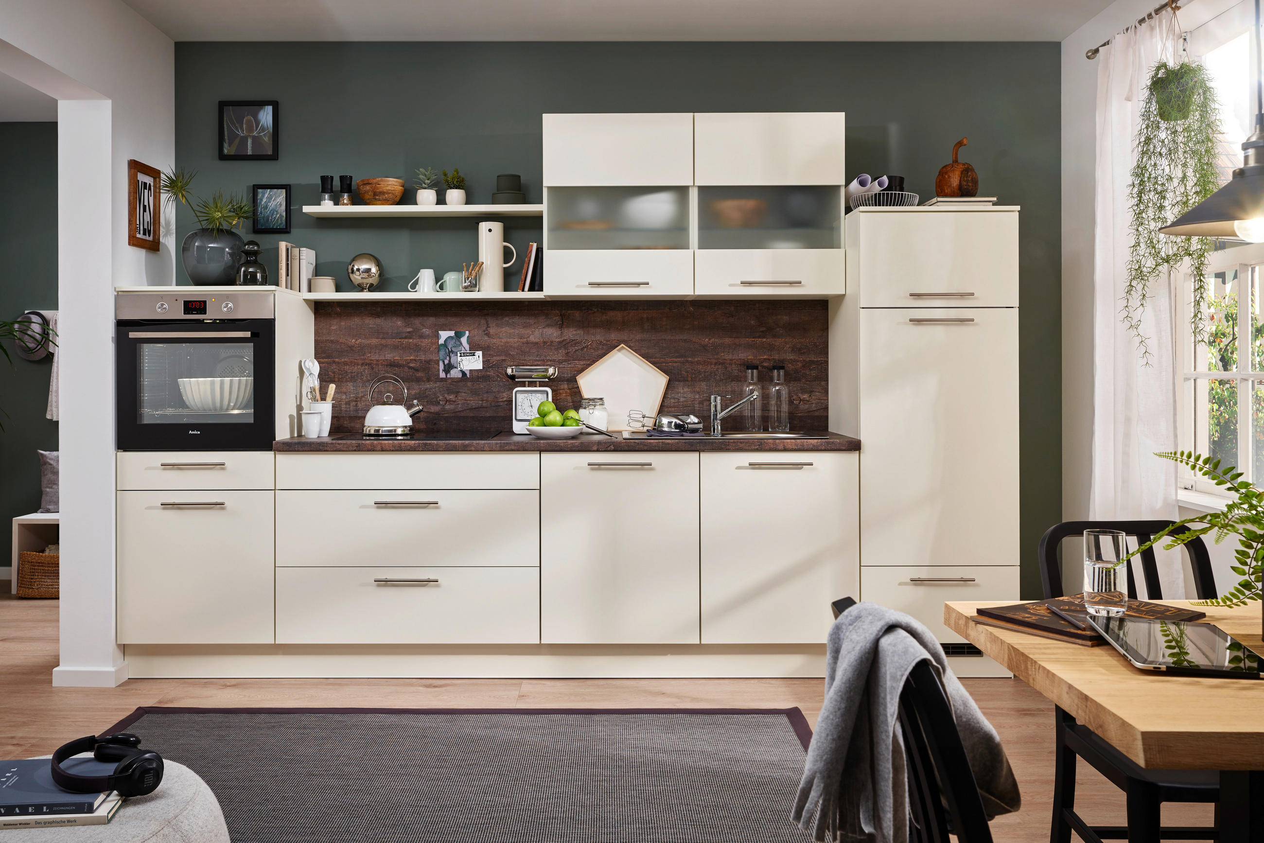 KÜCHENLEERBLOCK 340 cm   in Creme, Eiche dunkel  - Eiche dunkel/Edelstahlfarben, KONVENTIONELL, Holzwerkstoff/Metall (340cm) - Burger