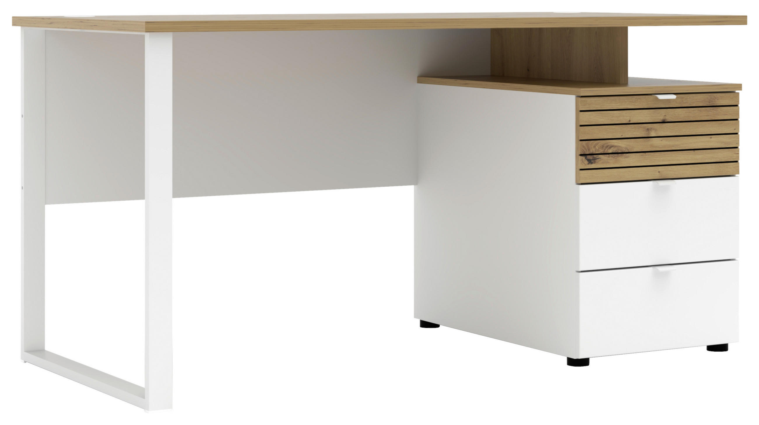 SCHREIBTISCH 150/77/73 cm Weiß, Eiche Artisan Kabeldurchlass, Stauraum  - Weiß/Eiche Artisan, KONVENTIONELL, Holzwerkstoff/Metall (150/77/73cm) - Voleo