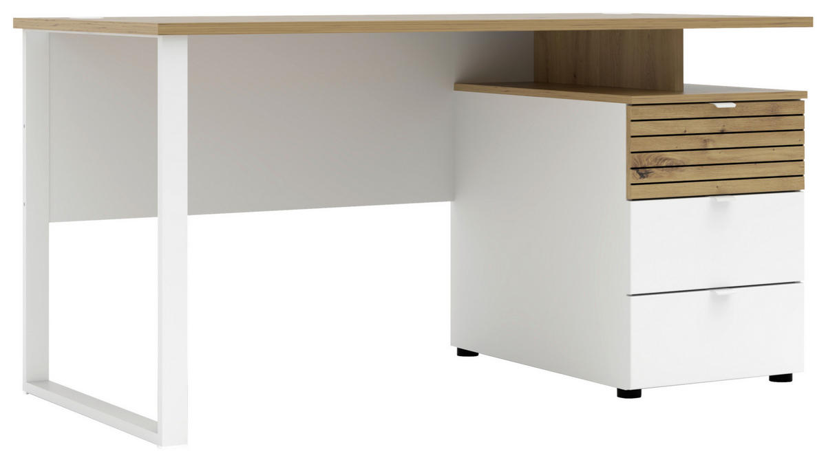 SCHREIBTISCH 150/77/73 cm Weiß, Eiche Artisan Kabeldurchlass, Stauraum  - Weiß/Eiche Artisan, KONVENTIONELL, Holzwerkstoff/Metall (150/77/73cm) - Voleo