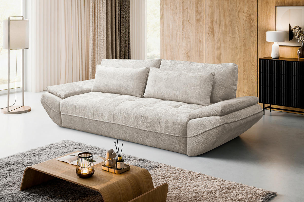 SCHLAFSOFA ELMA Struktur Sandfarben  inkl. Rückenkissen, Nierenkissen, Armlehnenkissen, Rücken echt  - Sandfarben/Schwarz, KONVENTIONELL, Holz/Kunststoff (280/73-93/107cm) - Livetastic