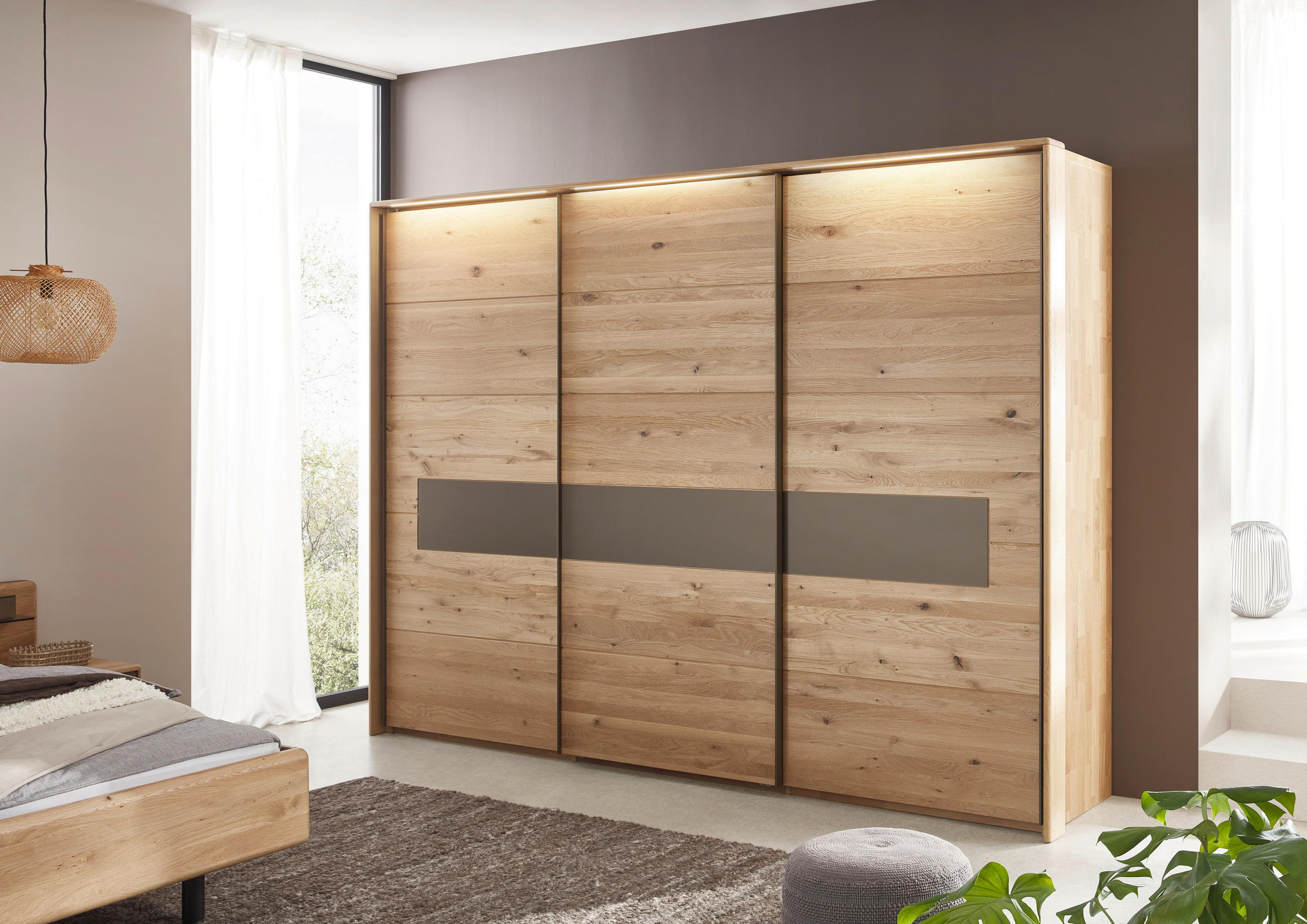 SCHIEBETÜRENSCHRANK 301,9/223,3/67,5 cm 3-türig Bronzefarben, Wildeiche  - Wildeiche/Bronzefarben, Natur, Glas/Holz (301,9/223,3/67,5cm) - Valnatura