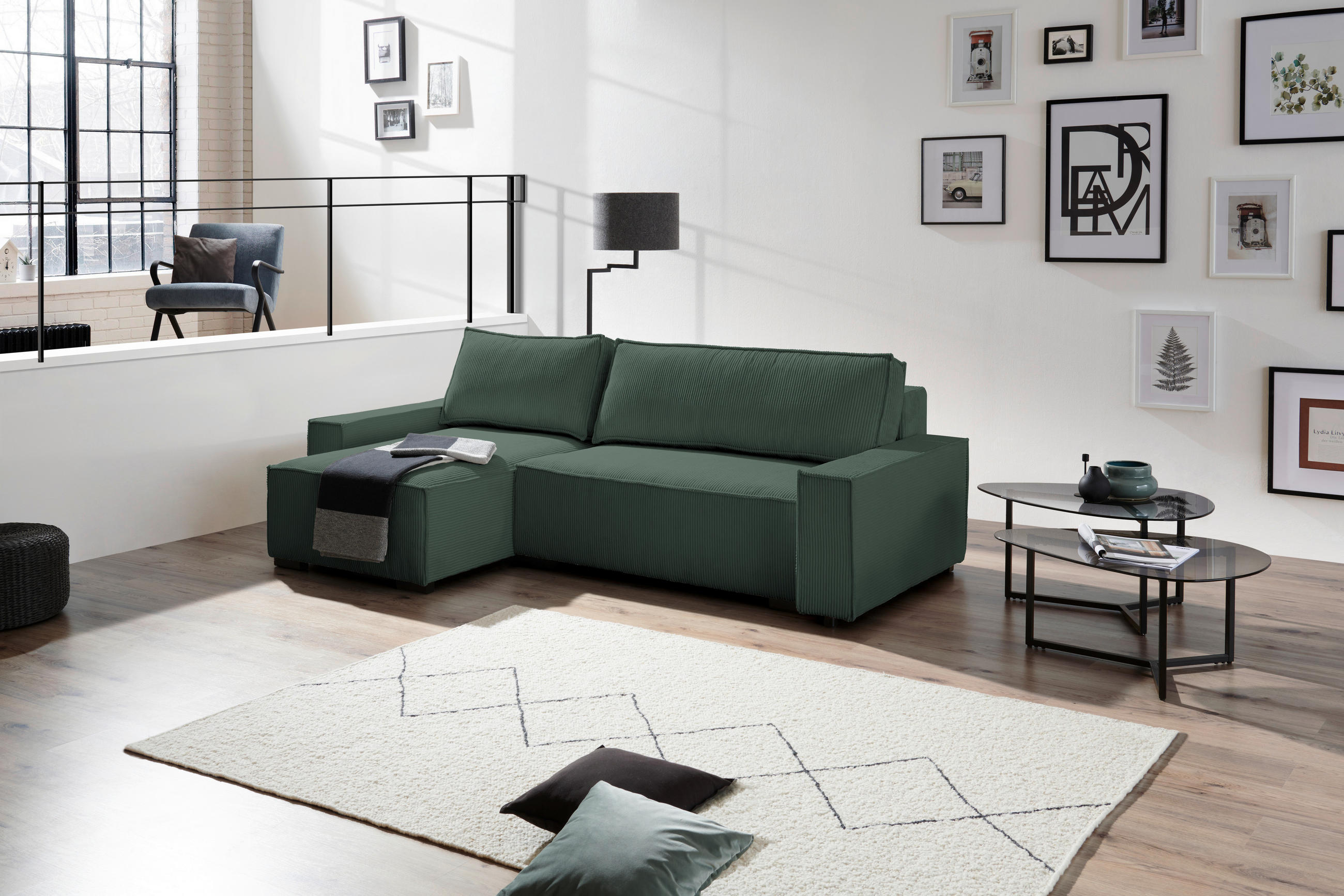 ECKSOFA in Cord, Webstoff Grün  - Schwarz/Grün, Modern, Holz/Textil (157/265cm) - Carryhome