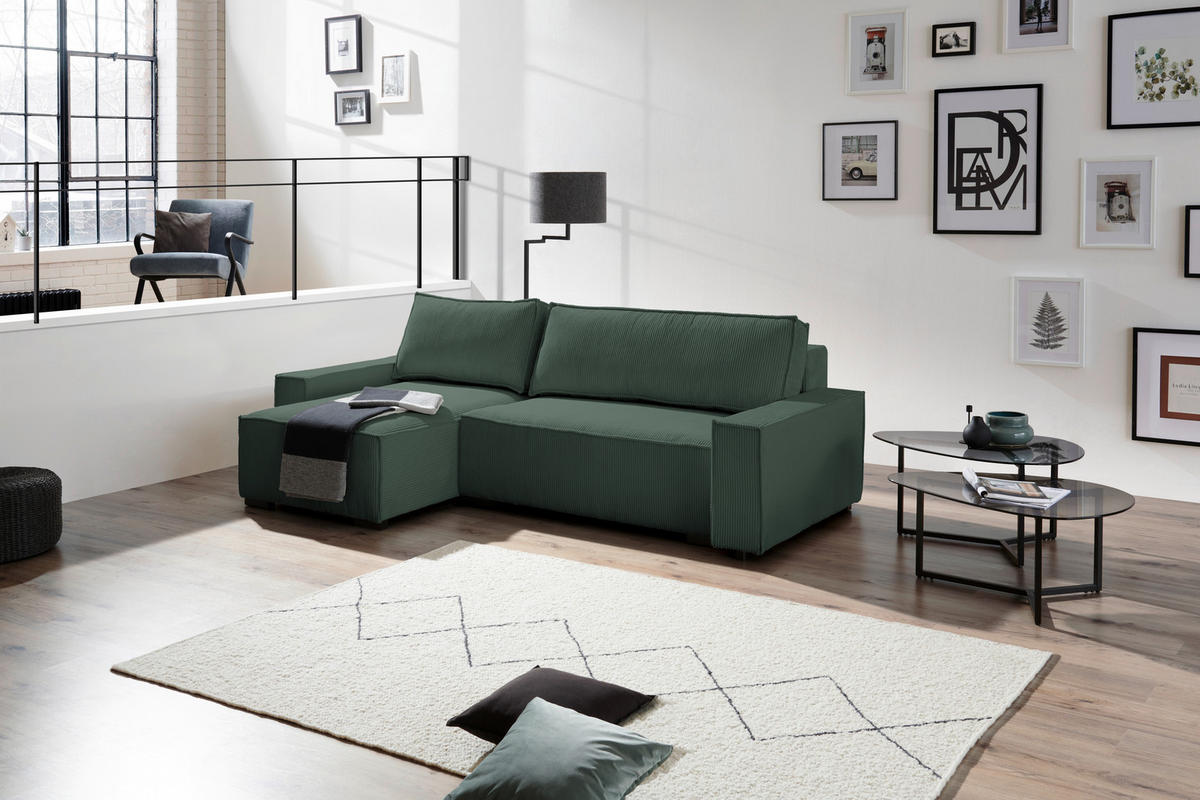 ECKSOFA in Cord, Webstoff Grün  - Schwarz/Grün, MODERN, Holz/Textil (157/265cm) - Carryhome