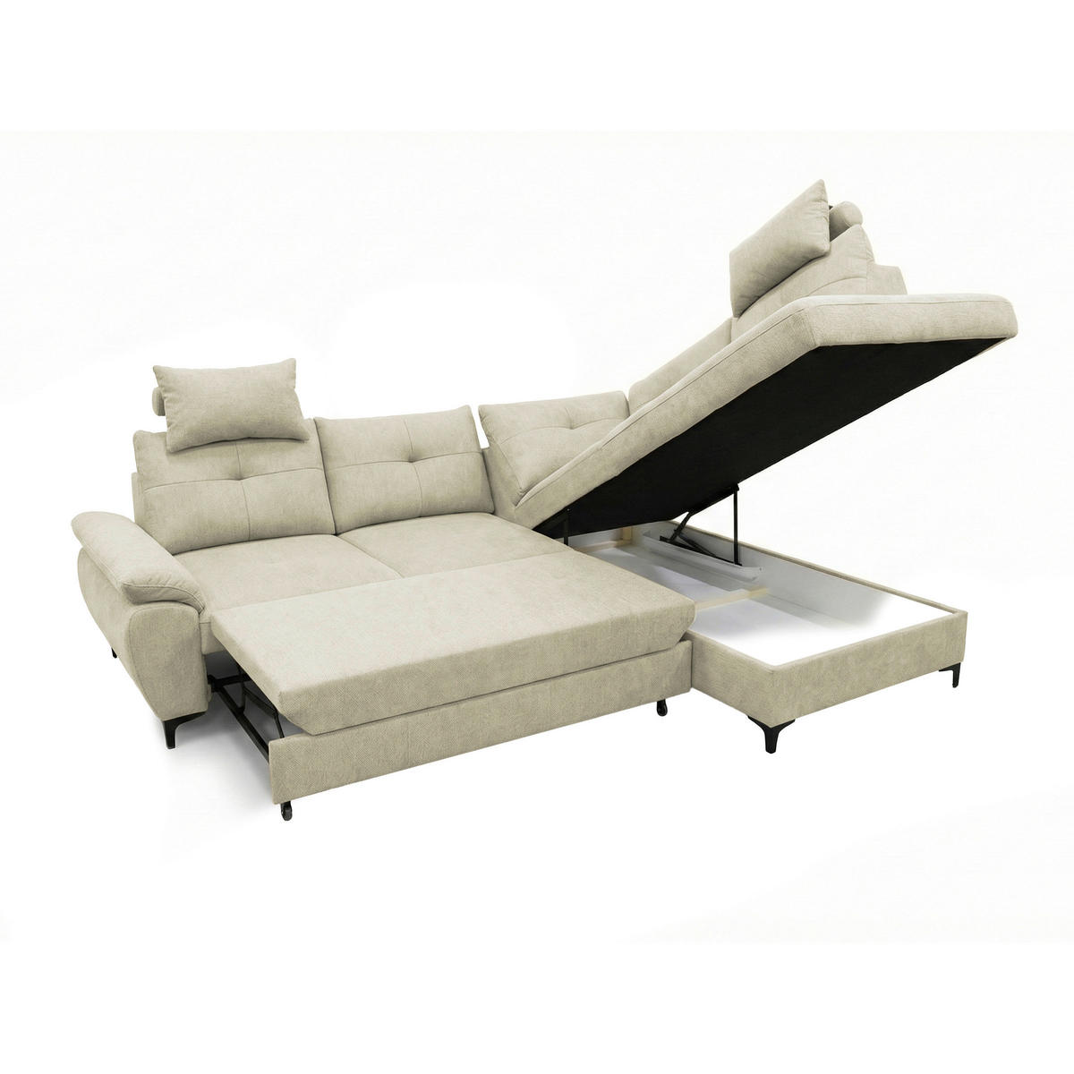 ECKSOFA SOLEI Beige Chenille Zierkissen, Bettkasten, Kopfstütze  - Beige/Schwarz, Design, Kunststoff/Textil (265/203cm) - MID.YOU