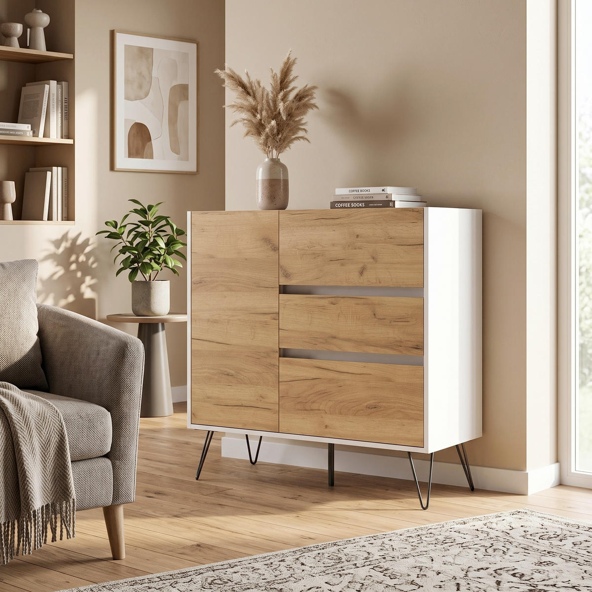 SIDEBOARD Posseik Industrial 99/93,6/42 cm 3 Schublade(n)  - Eichefarben/Weiß Hochglanz, Design, Holzwerkstoff/Metall (99/93,6/42cm) - MID.YOU