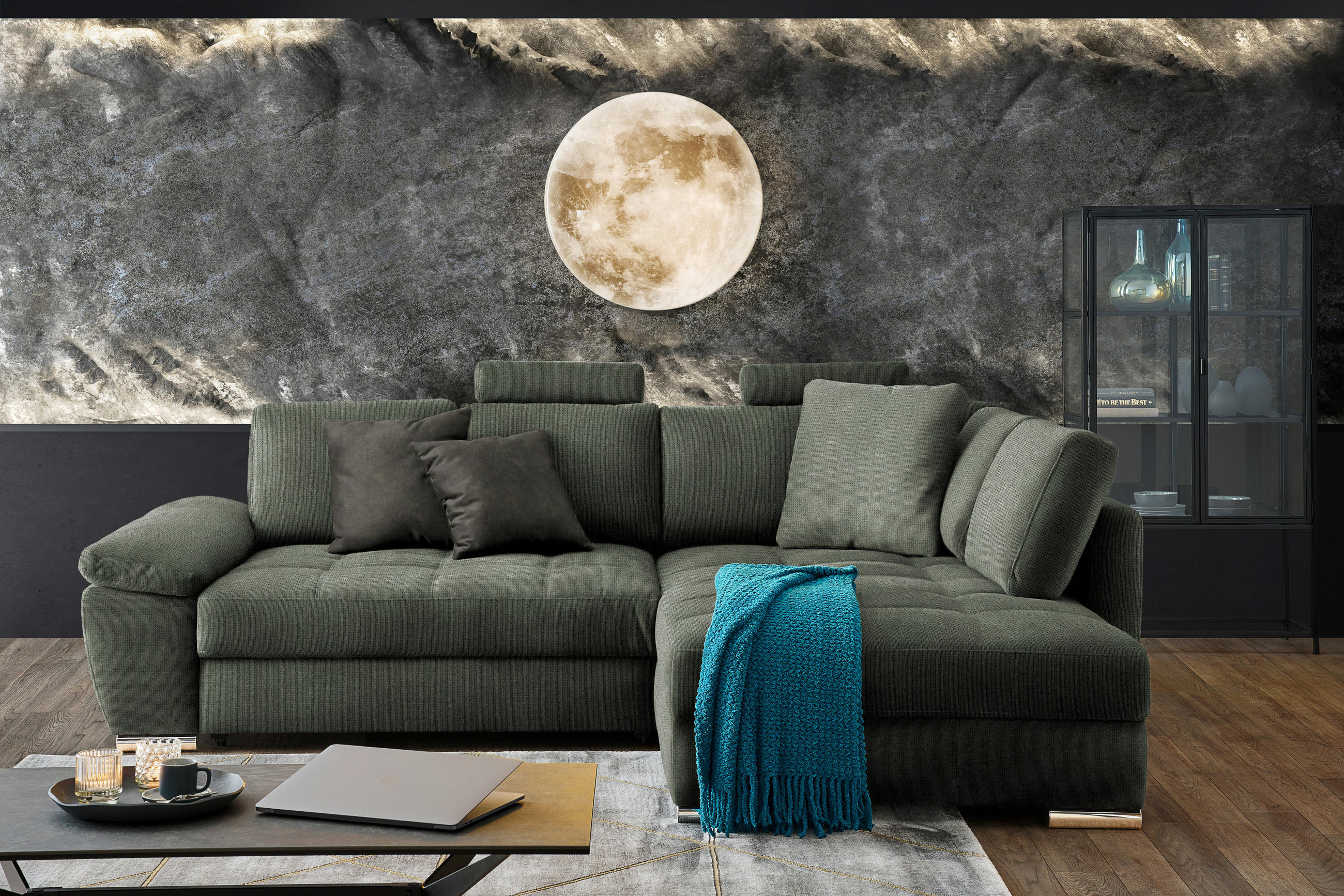ECKSOFA in Webstoff Dunkelgrün  276/212 cm  - Chromfarben/Dunkelgrün, Design, Kunststoff/Textil (276/212cm) - Carryhome