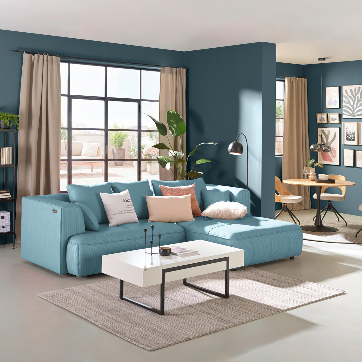 ECKSOFA Feincord Hellblau  - Schwarz/Hellblau, Design, Kunststoff/Textil (288/188cm) - Welnova