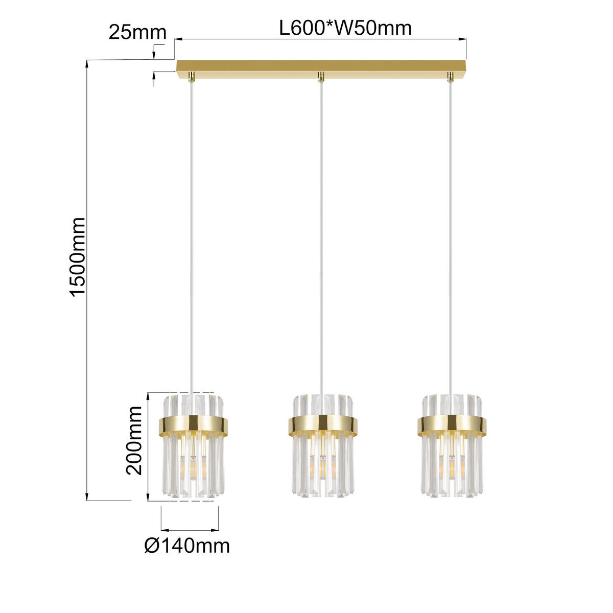 HÄNGELEUCHTE Vetro  150/60/14 cm  - Goldfarben, KONVENTIONELL, Glas (150/60/14cm)