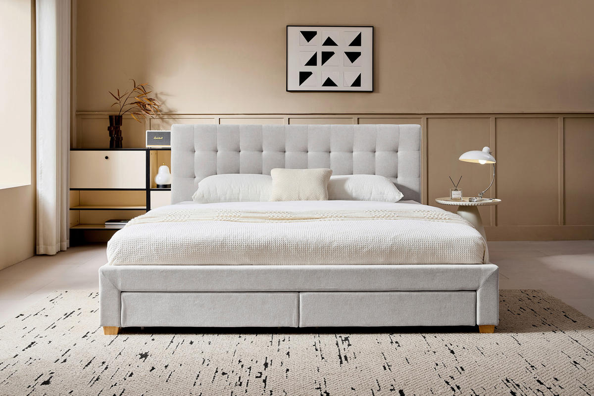 POLSTERBETT 140/200 cm, inkl. gepolstertes Kopfteil, Lattenrost, Bettschubladen,  in Hellgrau  - Hellgrau/Naturfarben, Design, Holz/Textil (140/200cm) - Boxxx