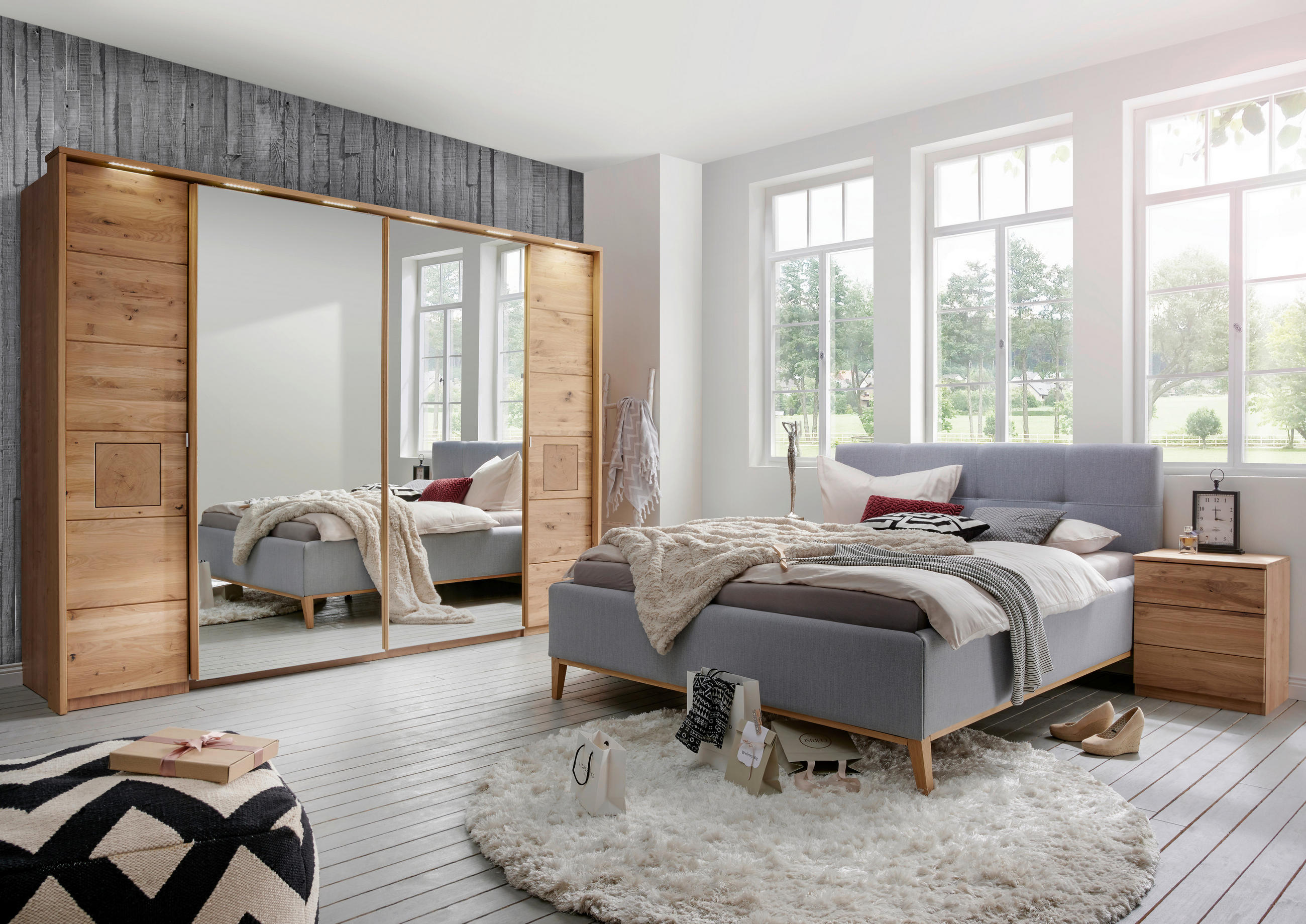 POLSTERBETT gepolstertes Kopfteil Hellblau 180/200 cm  - Eichefarben/Hellblau, KONVENTIONELL, Holz/Textil (180/200cm) - Moderano