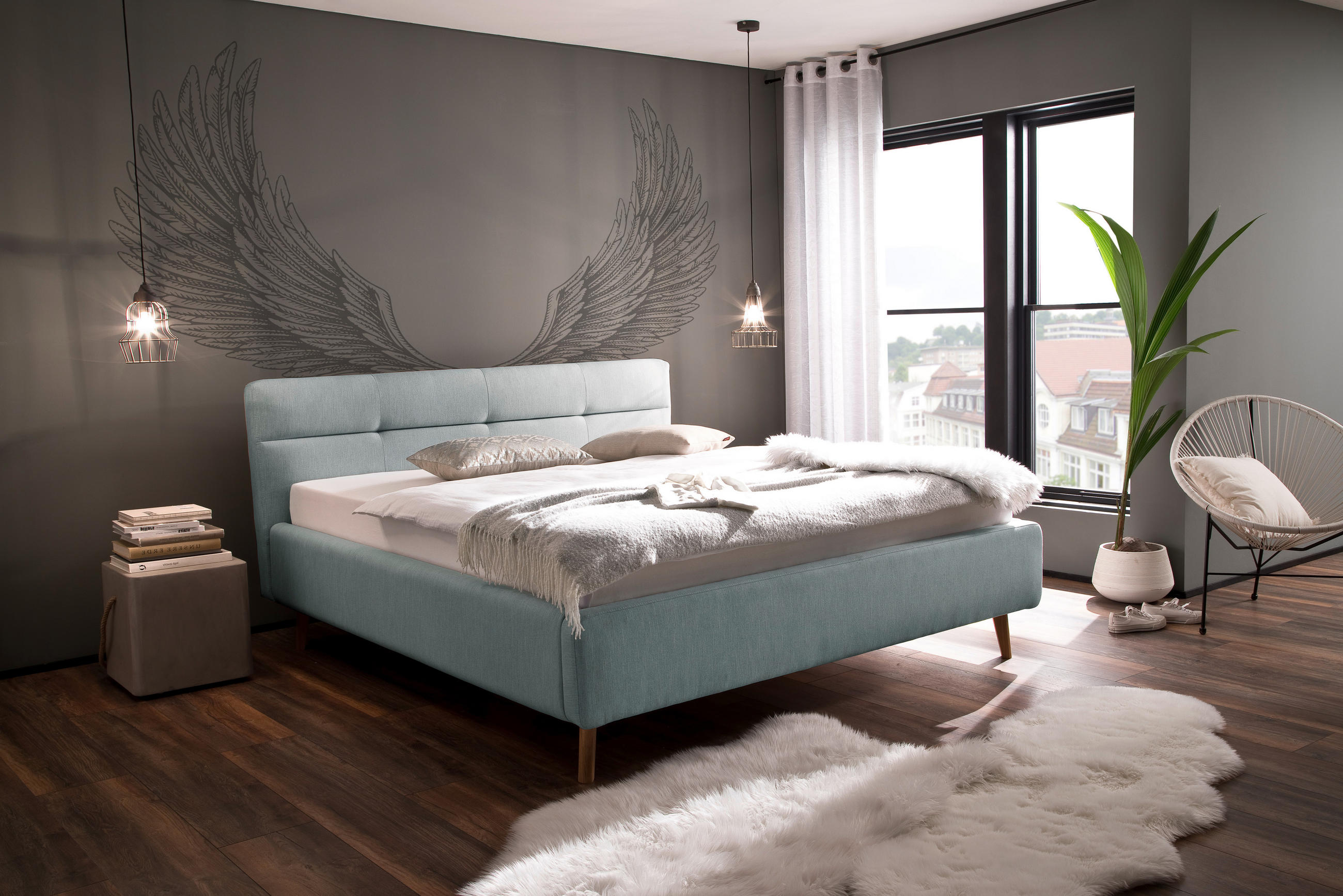 POLSTERBETT Bettkasten, Lattenroste 160/200 cm  in Blau  - Blau/Eichefarben, KONVENTIONELL, Holz/Textil (160/200cm) - Boxxx