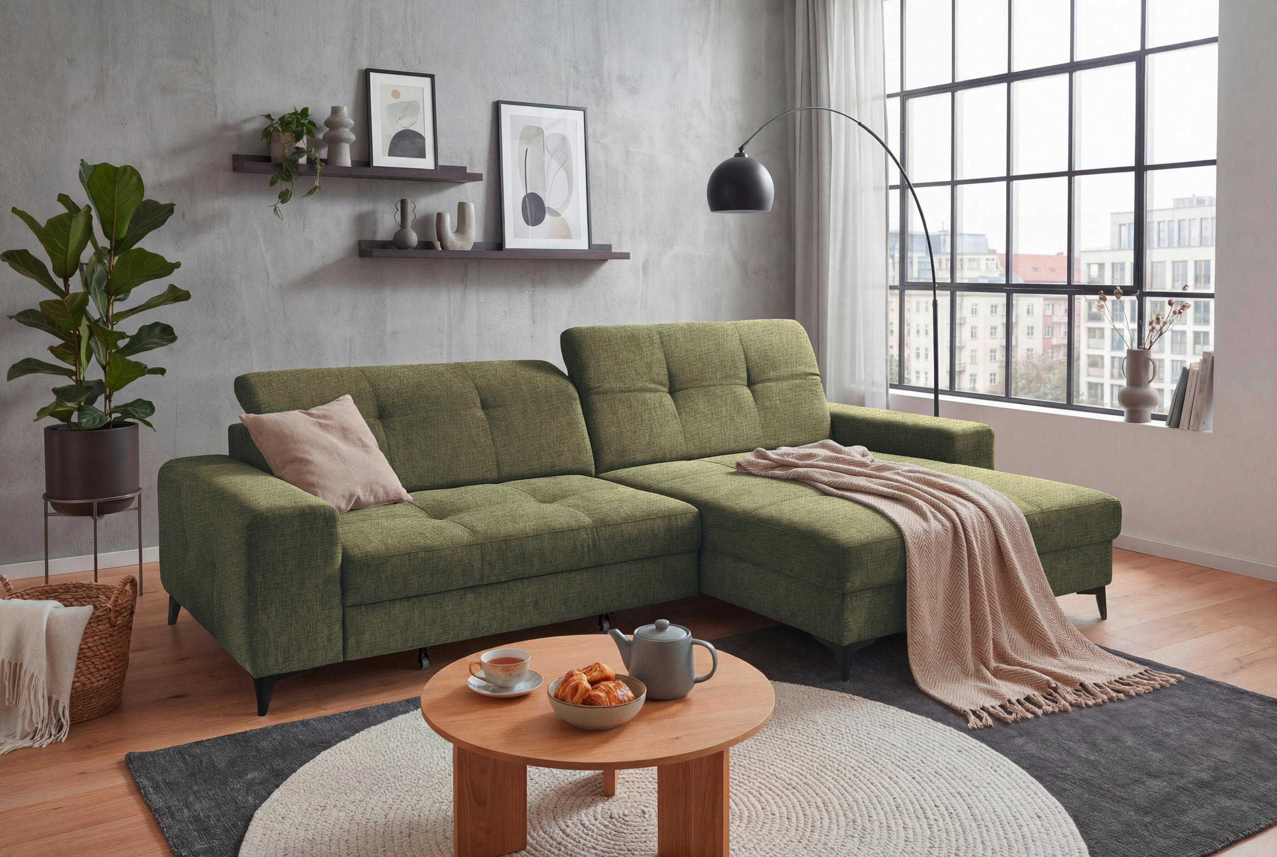 ECKSOFA SORELLA in Chenille Dunkelgrün Kopfteilverstellung, Sitztiefenverstellung  328/182 cm  - Dunkelgrün/Schwarz, Design, Kunststoff/Textil (328/182cm) - MID.YOU