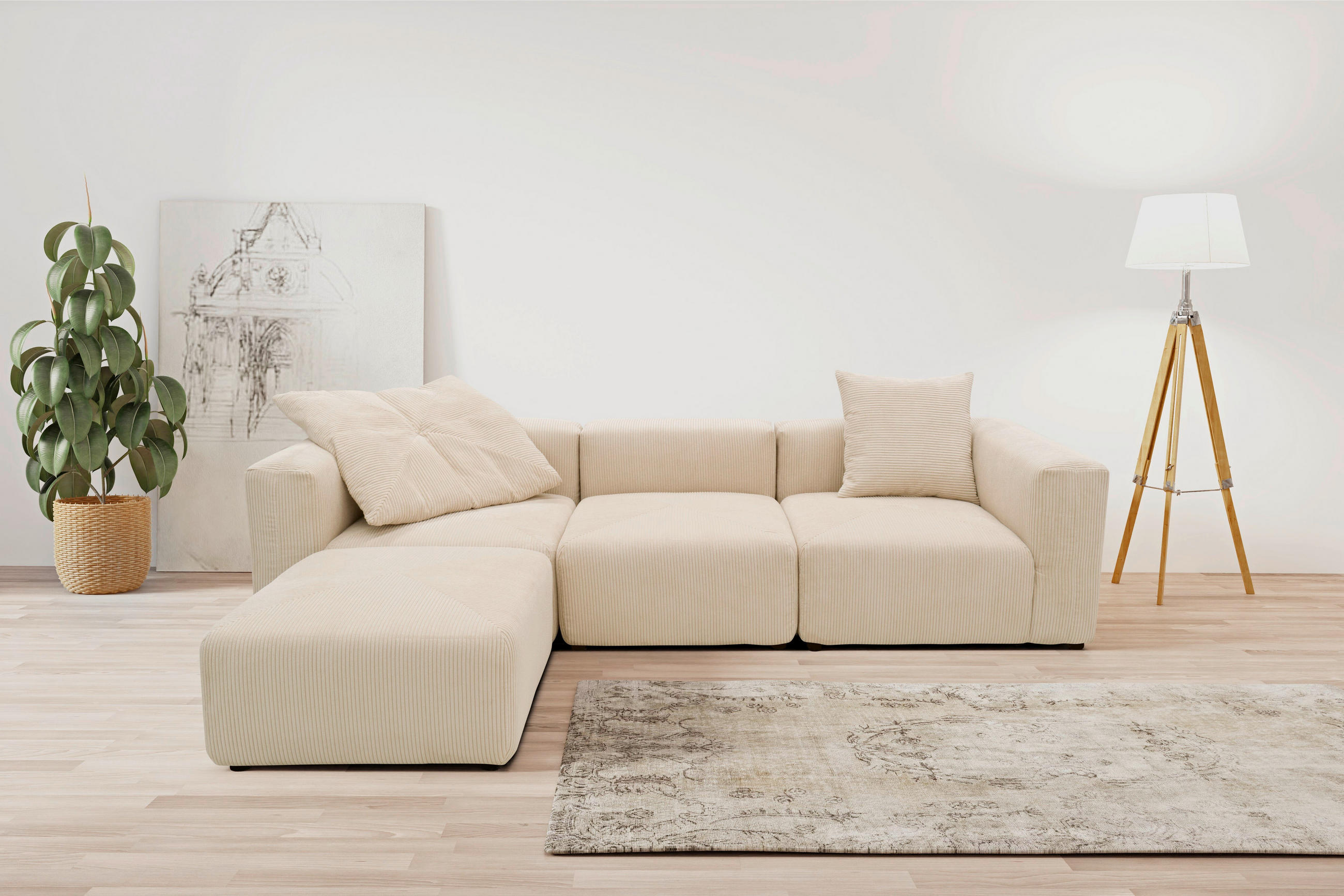 ECKSOFA in Cord, Mikrofaser Creme   - Creme/Schwarz, Design, Kunststoff/Textil (301/69/193cm) - MID.YOU