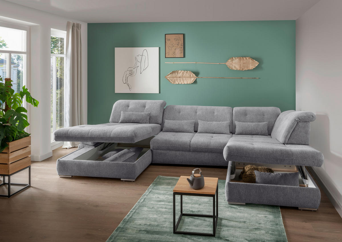 WOHNLANDSCHAFT in Chenille Dunkelgrau  - Chromfarben/Dunkelgrau, Design, Textil/Metall (195/376/254cm) - Livetastic
