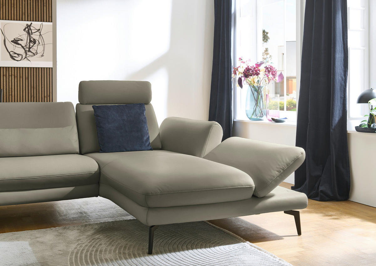 ECKSOFA in Echtleder Hellgrau  - Hellgrau/Schwarz, Design, Leder/Metall (308/195cm) - Dieter Knoll