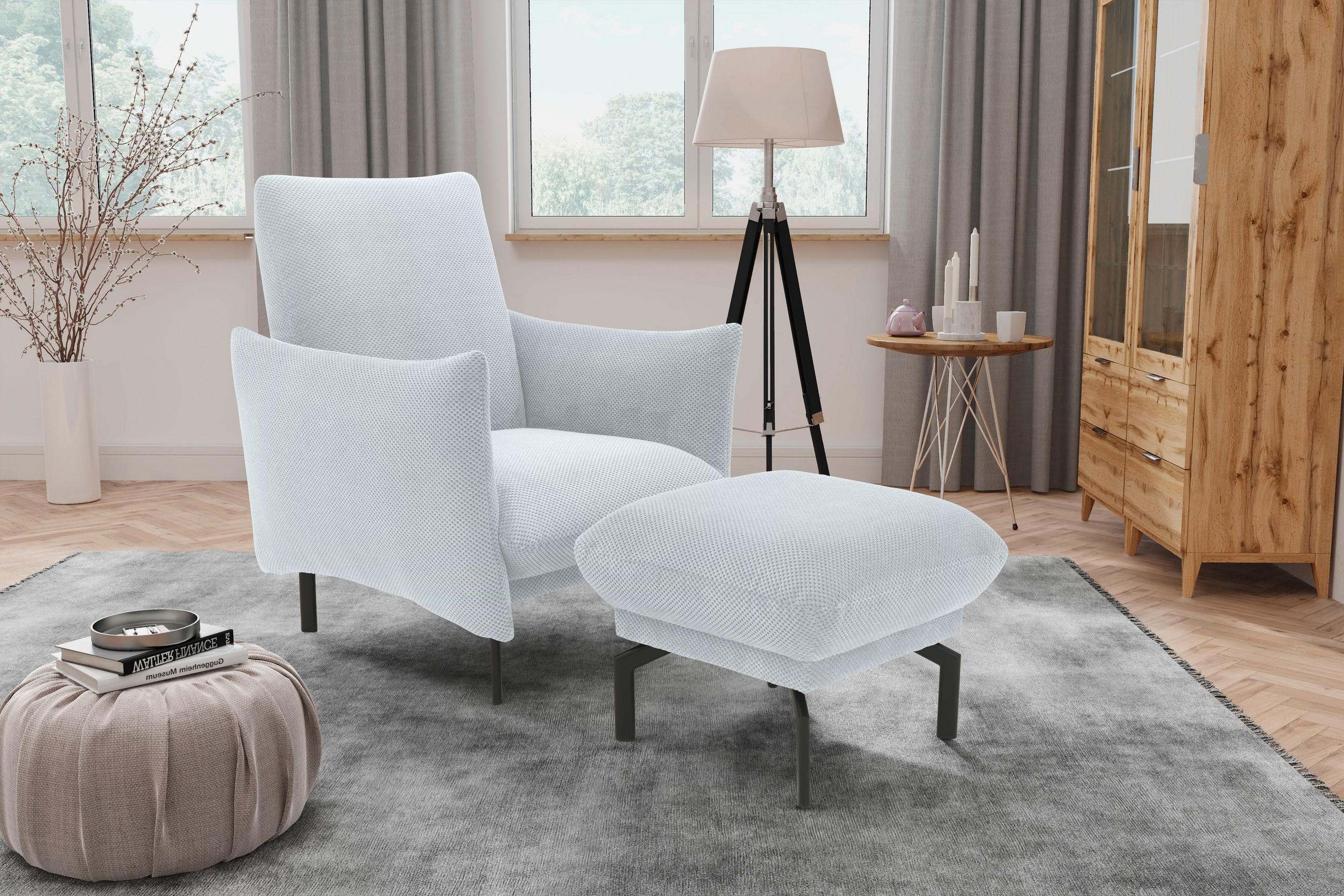 HOCKER Mikrofaser Silberfarben  - Silberfarben/Schwarz, Design, Textil/Metall (57/46/57cm) - MID.YOU