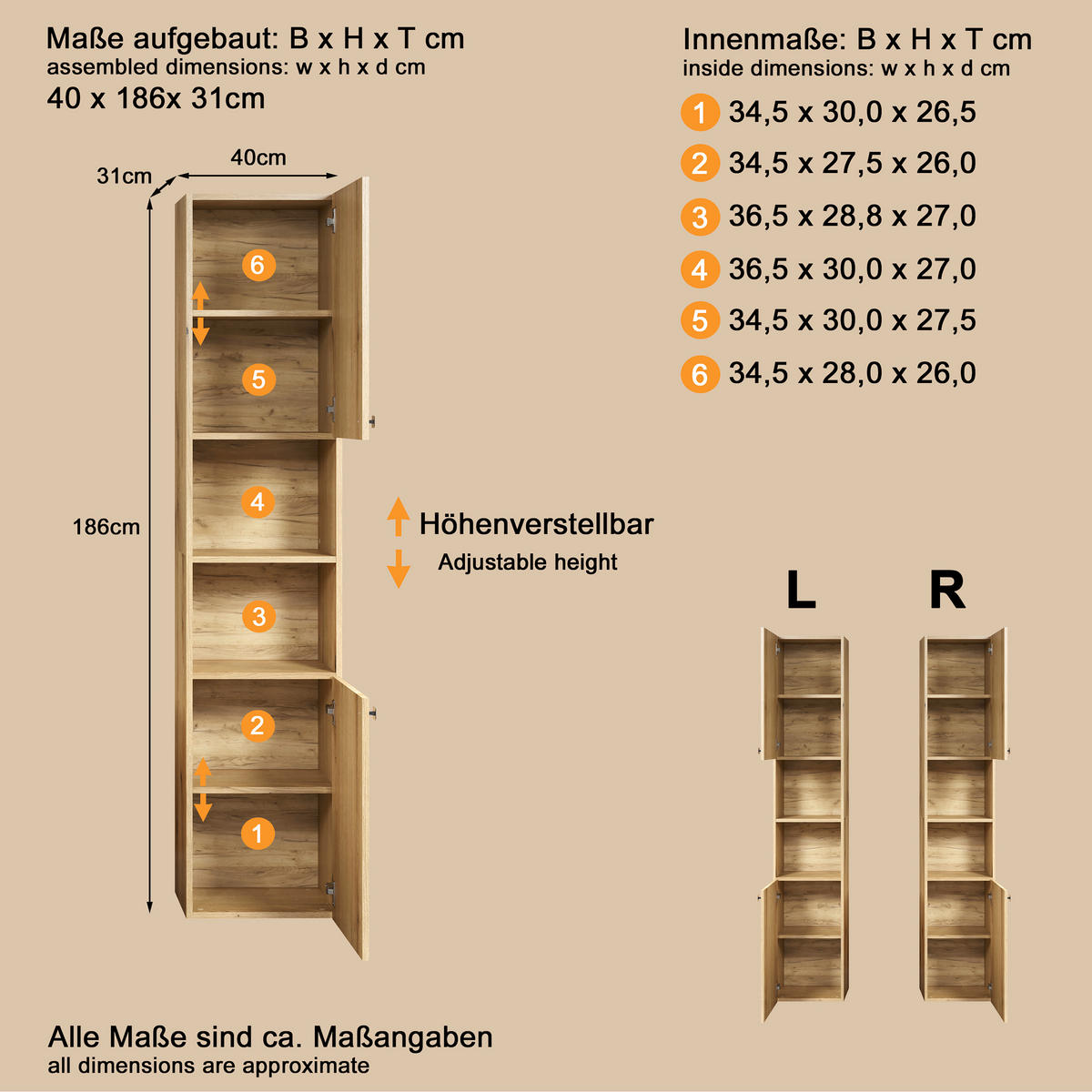 BADEZIMMER 4-teilig  in  - Eichefarben/Schwarz, Trend, Holzwerkstoff/Kunststoff (180/186/42cm) - MID.YOU