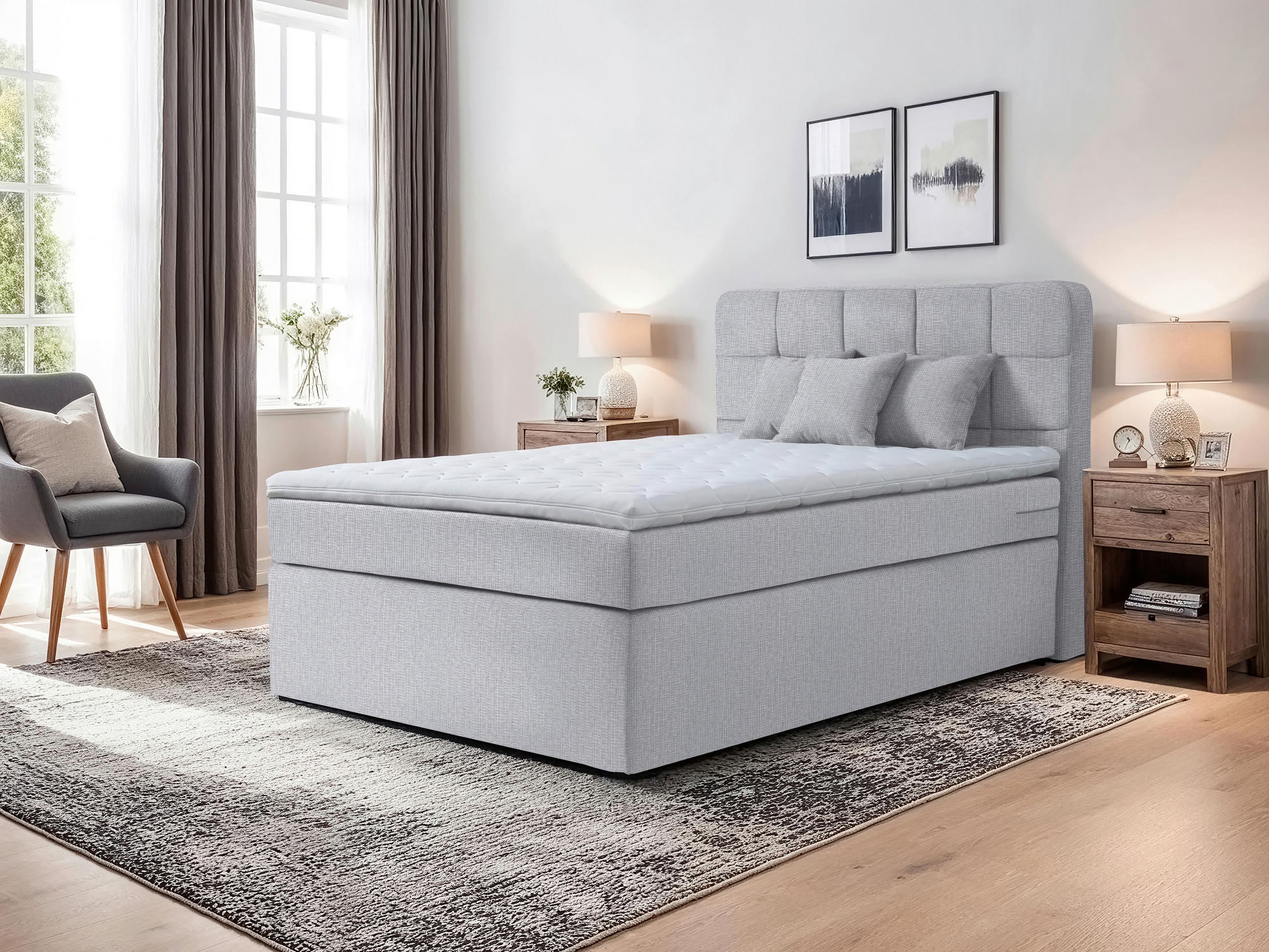 Thumbnail - Moderano Boxspringbett, Hellgrau, Textil, H4, Höhe ca. 18 cm, 120x200 cm, Bettkasten, gepolstertes Kopfteil, Stoffauswah...