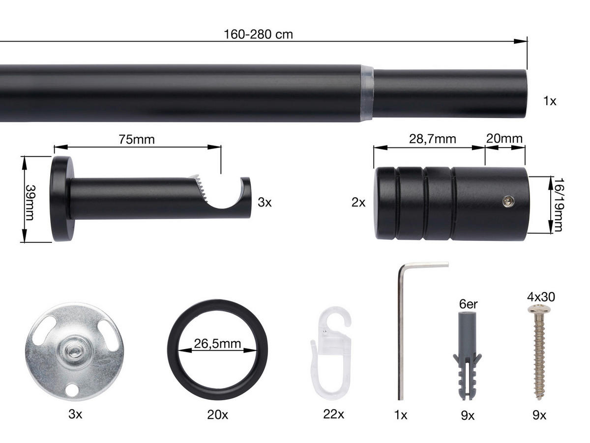 VORHANGSTANGENSET 160 cm  - Schwarz, Basics, Metall (160cm)