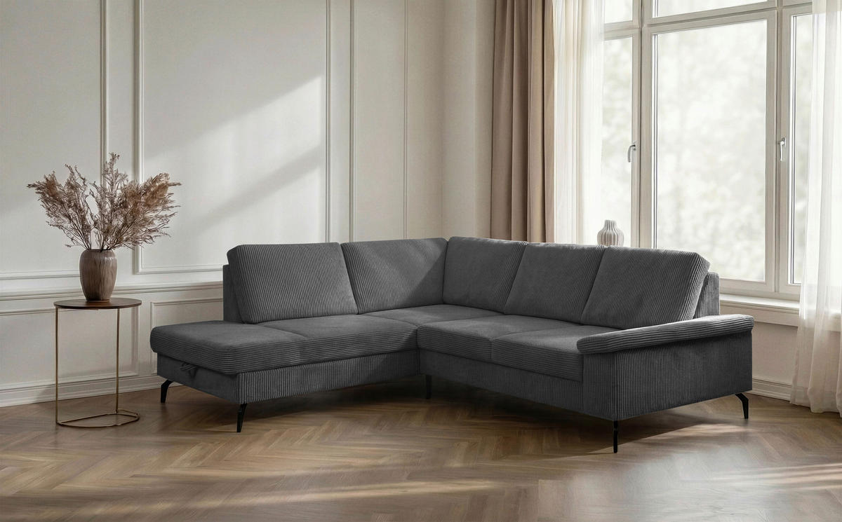 ECKSOFA Anthrazit Velours Bettkasten, Sitzvorzug  - Anthrazit/Schwarz, KONVENTIONELL, Textil/Metall (206/253cm) - Venda
