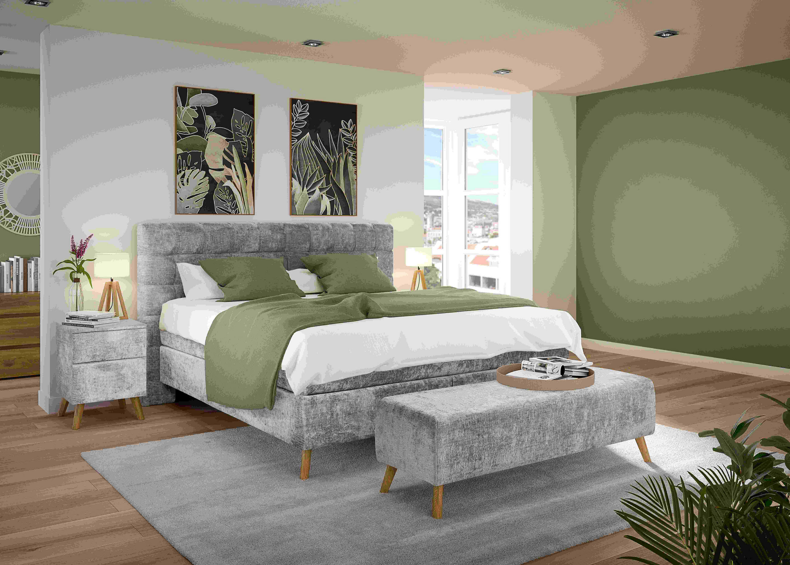 Thumbnail - Esposa Boxspringbett, Grau, Textil, Eiche, massiv, H3 + H4, 7-Zonen, Höhe ca. 20 cm, 180x200 cm, gepolstertes Kopfteil, ...